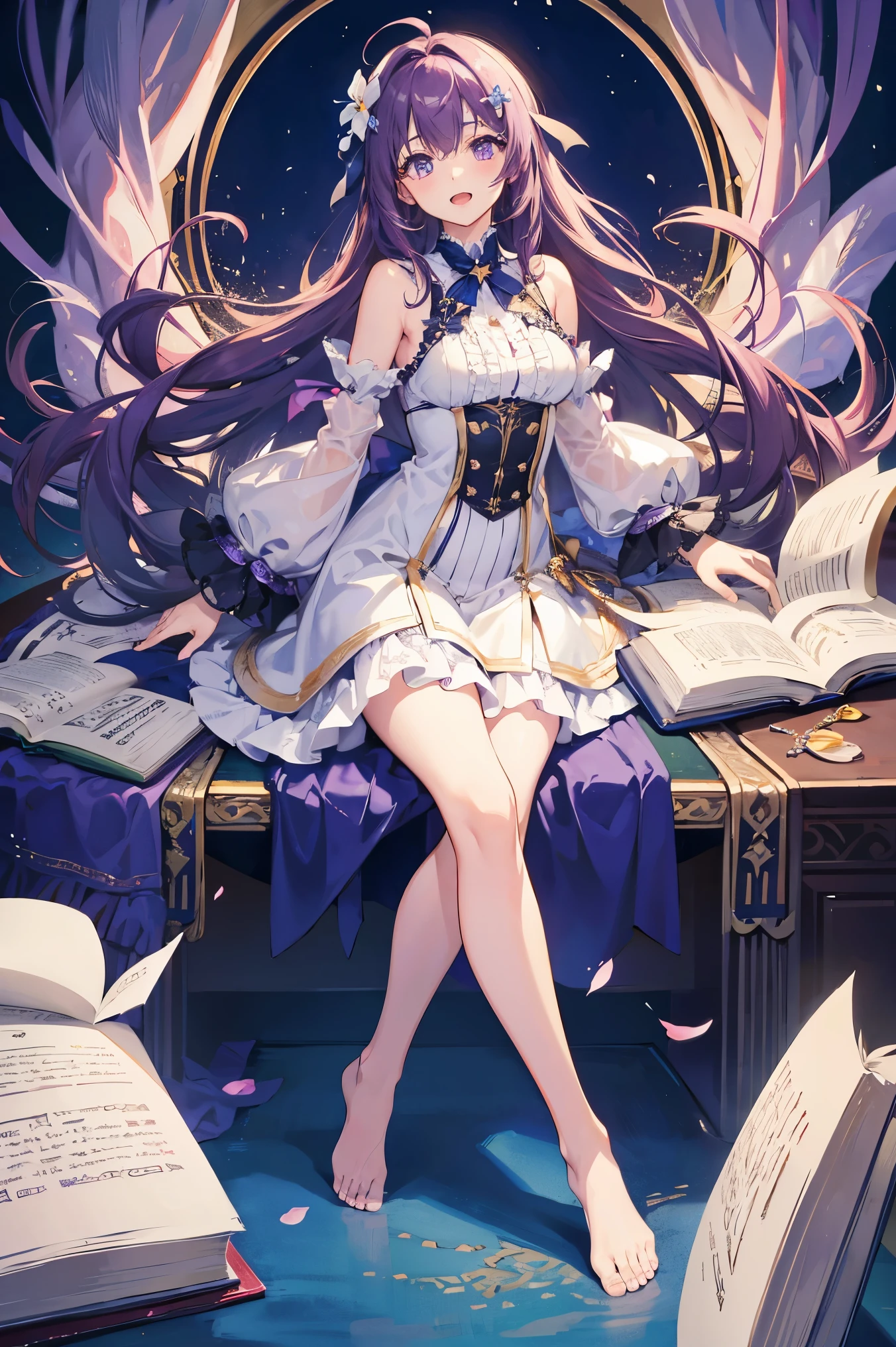 ((best quality)), ((masterpiece)), ((ultra-detailed)), (illustration), (detailed light), (an extremely delicate and beautiful),1girl, solo, barefoot, long hair, purple hair, purple eyes, book, full body, dress, ahoge, looking at viewer, white dress, detached sleeves, hair ornament, bangs, holding, wide sleeves, purple ribbon, blush, smile, standing, star (symbol), breasts, bare legs, very long hair, toes, ribbon, long sleeves, jewelry, feet, open book, open mouth, holding book, sleeveless, bare shoulders, flower, frills, bow, hair flower