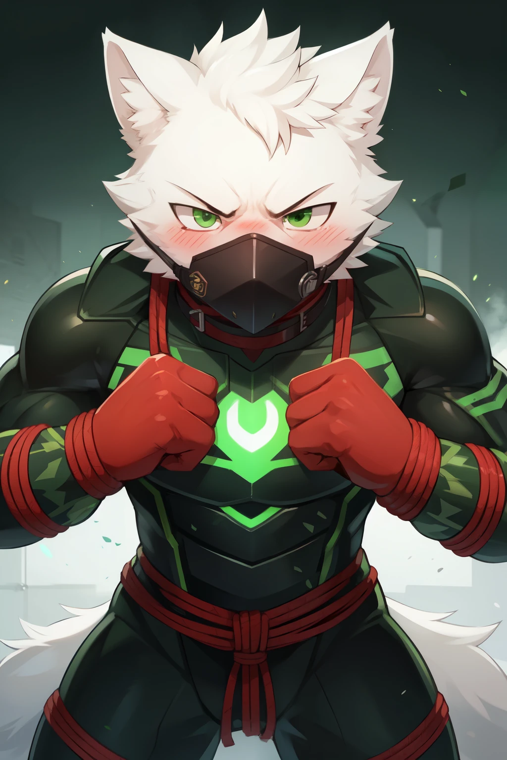 White Wolf,angry,blush,Future Warrior,Black and green battle suit,Green eyes,(Tight),Collar,muscle,Half face mask,(Constraints),Handcuffs,Red rope tied limbs,captivity。
