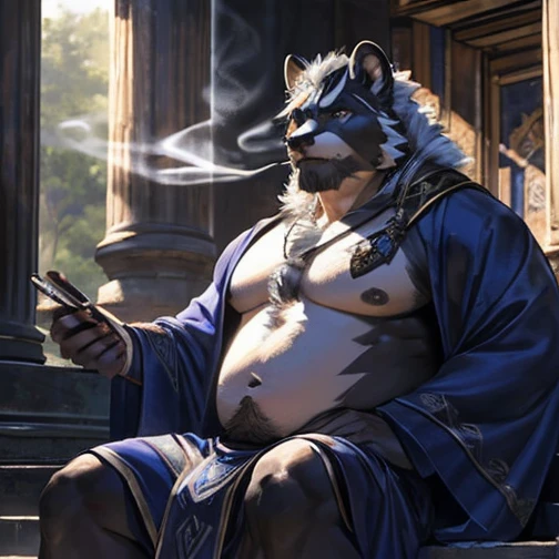musclegut skunk man, black fur, white fur, indigo eyes, nude, indigo loincloth, indigo robes, smoking pipe, indigo smoke, sitting on temple stairs, (best quality,4k,8k,highres,masterpiece:1.2),ultra-detailed,(realistic,photorealistic,photo-realistic:1.37),digital art, fantasy, hyperrealistic, intricate details, dramatic lighting