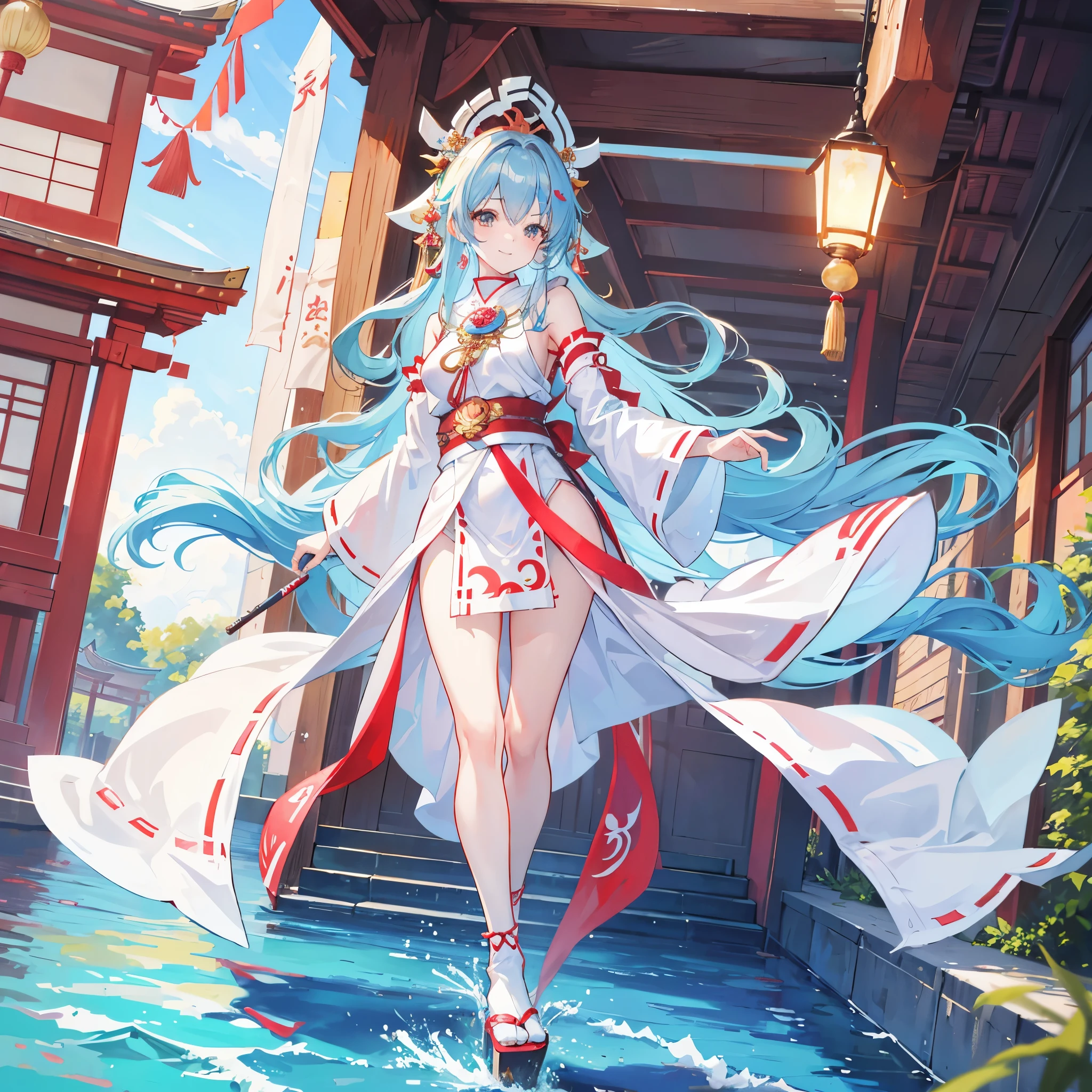 4K photo of an 18 year old girl with brown hair, light blue hair, wearing a miko outfit. Walking in the shrine with joy and smiles
