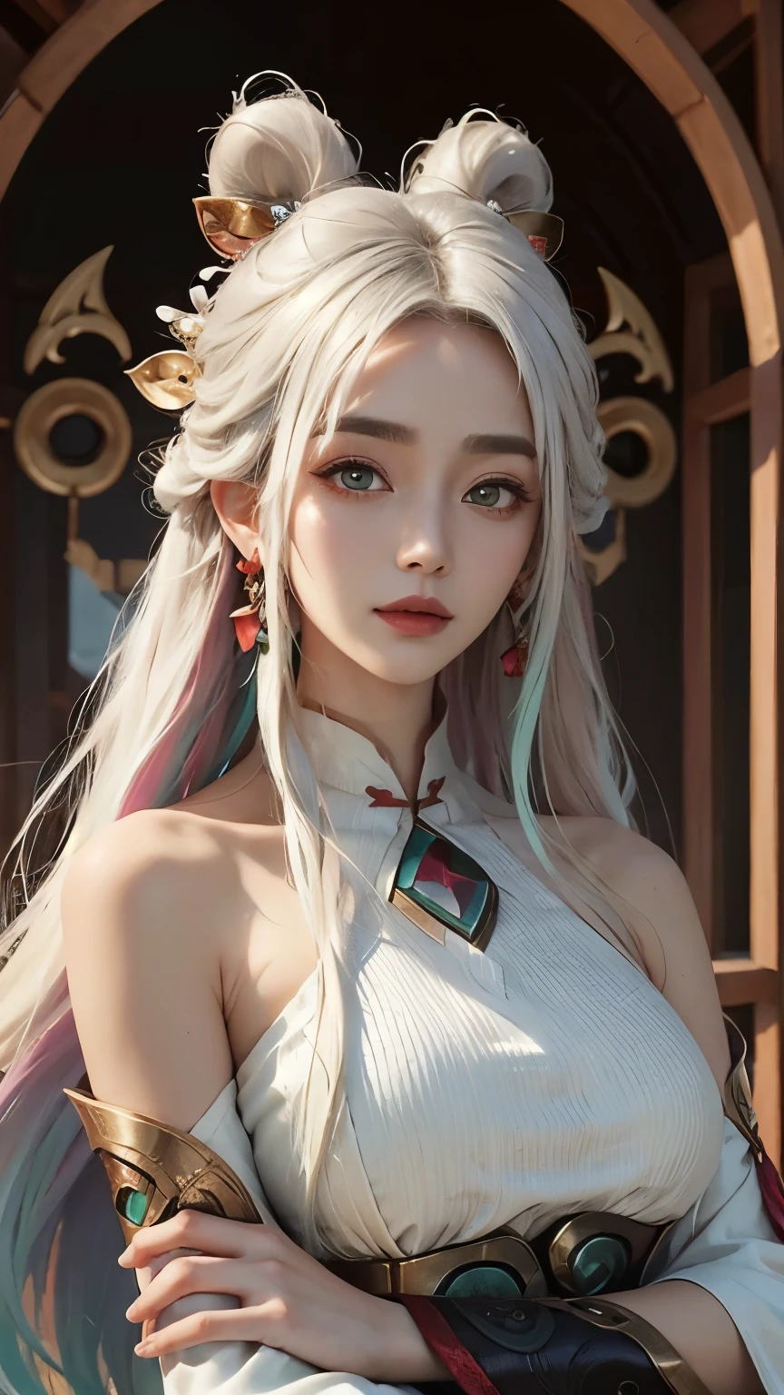 (masterpiece, best quality:1.2), intricate details, mythmaker irelia, 1girl, hair ornament, hair rings, bare shoulders, dress, detached sleeves, forehead mark, multicolored hair, white hair, earrings, green eyes, textured skin, looking at viewer, solo, light smile, (mature female:1.2),sexy pose