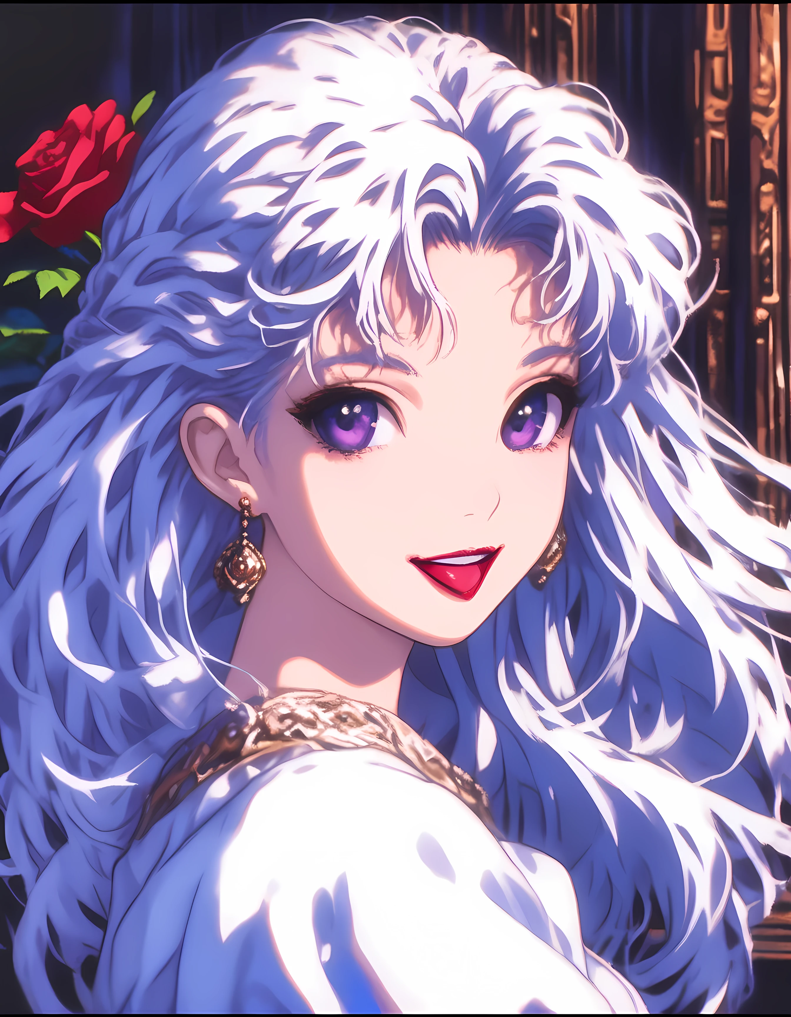 1girl, solo, long hair, looking at viewer, smile, open mouth, home background, rose flower in the background, white summer dress, purple eyes, white hair, long hair, earrings, tongue, hand up, makeup, border, straight hair, portrait, lipstick, cowboy shot, shot from the side, red lips, film grain, wind blowing the hair, wind blowing the dress