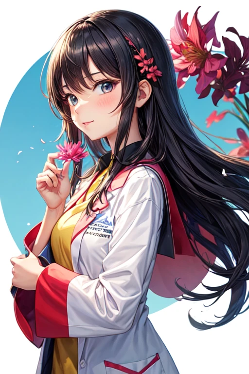 Anime girl with lycoris flower on her hand and with doctor alma mater