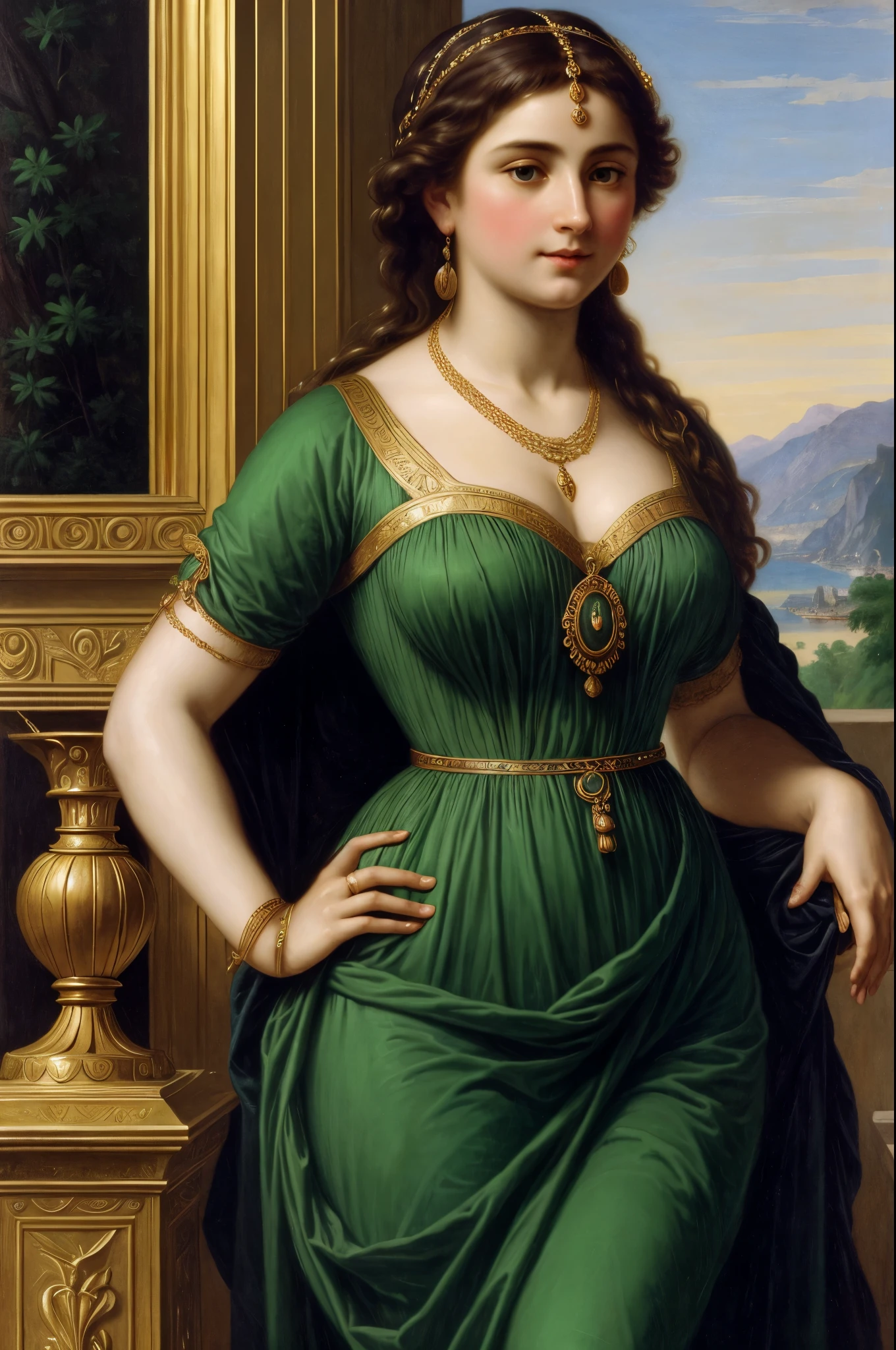 painting of a woman in a green dress with a gold necklace, portrait of a goddess, by Hermann Rüdisühli, by Alexandre Cabanel, godess, the goddess hestia, neoclassic painting, pudica pose bouguereau style, portrait of a beautiful goddess, portrait of megara, by Friedrich von Amerling