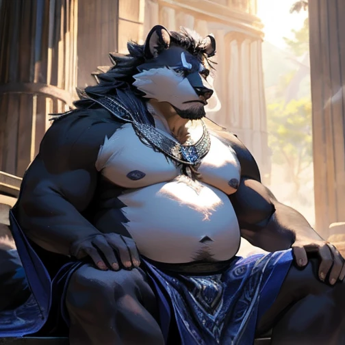 musclegut skunk man, black fur, white fur, indigo eyes, mid 30s, nude, indigo loincloth, indigo robes, smoking pipe, indigo smoke, sitting on temple stairs, (best quality,4k,8k,highres,masterpiece:1.2),ultra-detailed,(realistic,photorealistic,photo-realistic:1.37),digital art, fantasy, hyperrealistic, intricate details, dramatic lighting