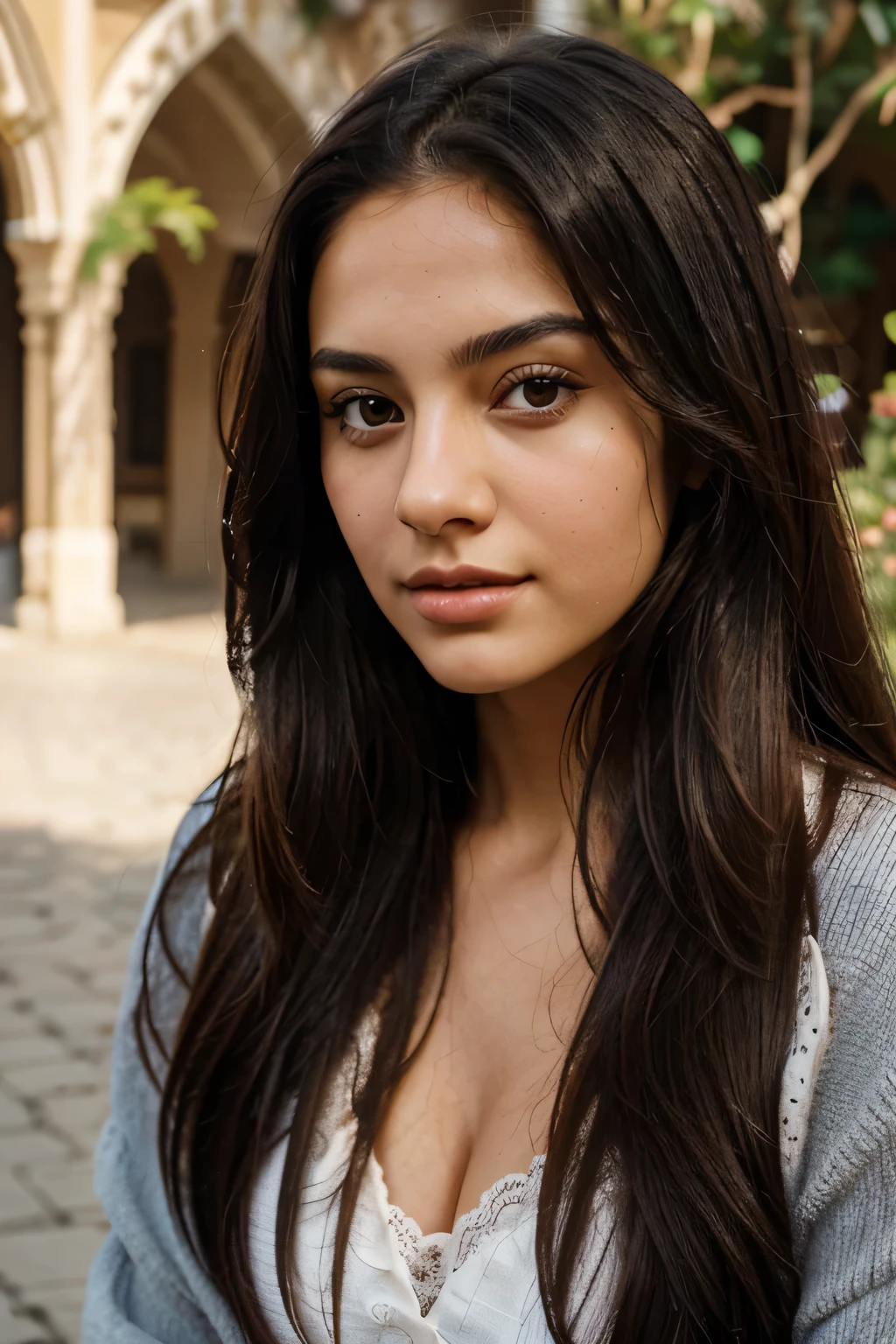 A photorealistic portrait of a 21-year-old arabic girl with long, flowing dark hair and striking dark eyes. She should have a natural, approachable expression and be illuminated by soft, golden-hour sunlight. The background should be a scenic outdoor setting, perhaps a sunlit park or beach. Capture this image with a high-resolution photograph using an 85mm lens for a flattering perspective.