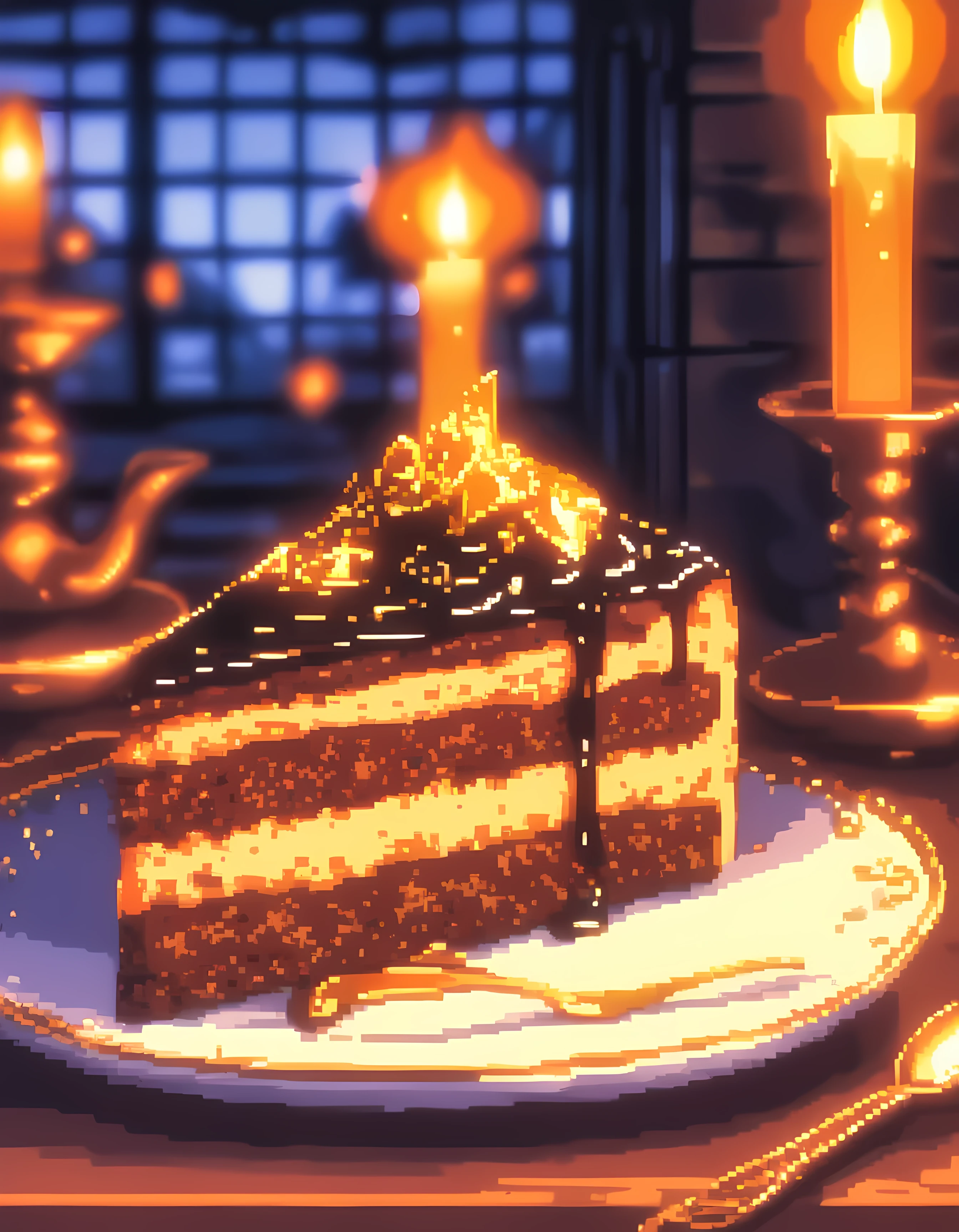 detailed food, food, indoors, blurry, no humans, window, fire, letterboxed, scenery, plate, cake, candle, food focus