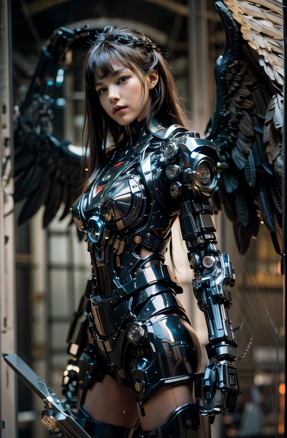 (masterpiece, best quality:1.2), (8k uhd, 16k, 32k, ultra high res), movie,official art, promotional art, movie wallpaper, extremely detailed CG unity 4k wallpaper, ultimately intricate details, white background, full body, concept art, production art, (Mechanical components:1.5),(mechanical prosthesis:1.5), mechanical wings, wings, highres, (realistic, photo-realistic:1.2), physically-based rendering, machinery, reflection, realistic, cyberpunk, symmetric front view close up head shot eyes symmetry face very sharp focus realistic award winning matte drawing cinematic lighting 1girl, robot, slim, fair skin,delicate face, tights,shine, Bodysuit, (blond long hair),green eyes, laboratory, chip, shine,braid