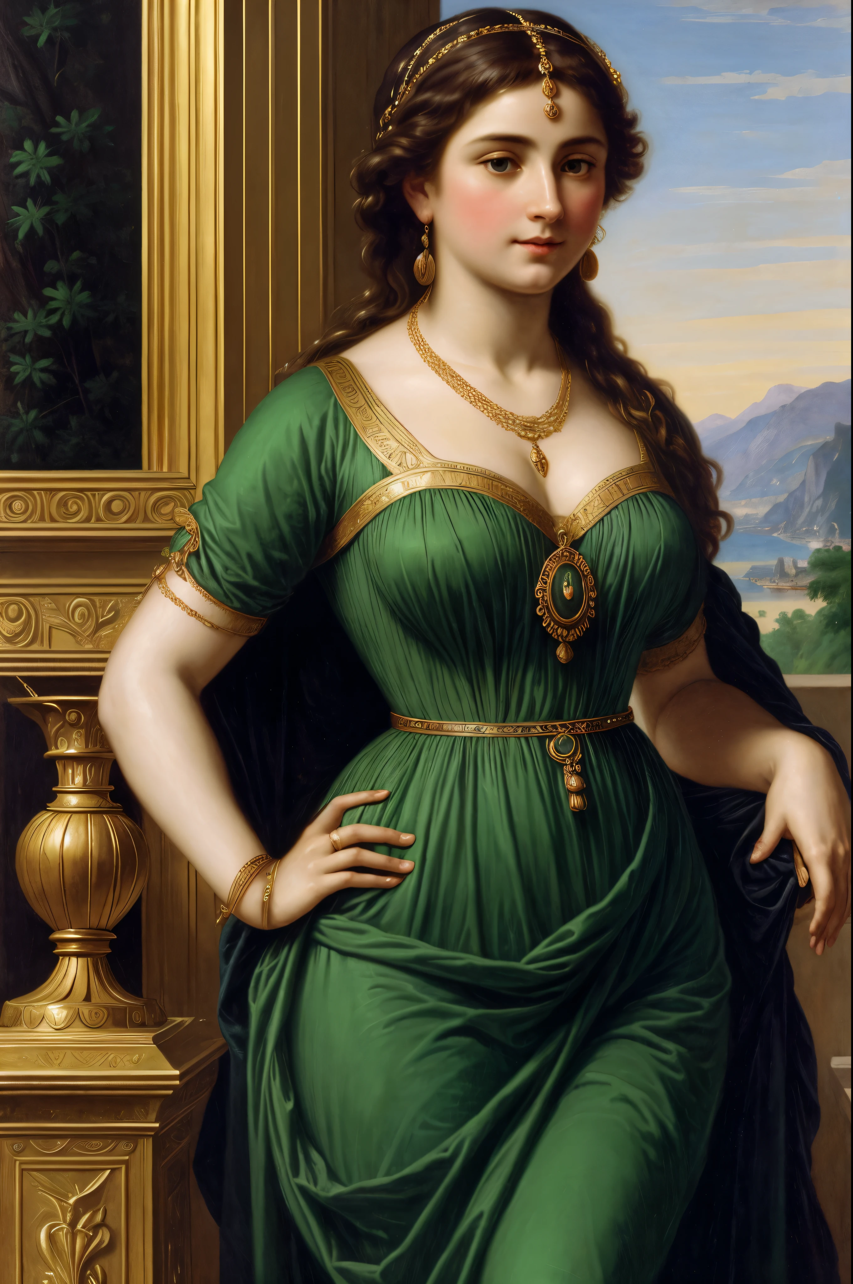 painting of a woman in a green dress with a gold necklace, portrait of a goddess, by Hermann Rüdisühli, by Alexandre Cabanel, godess, the goddess hestia, neoclassic painting, pudica pose bouguereau style, portrait of a beautiful goddess, portrait of megara, by Friedrich von Amerling