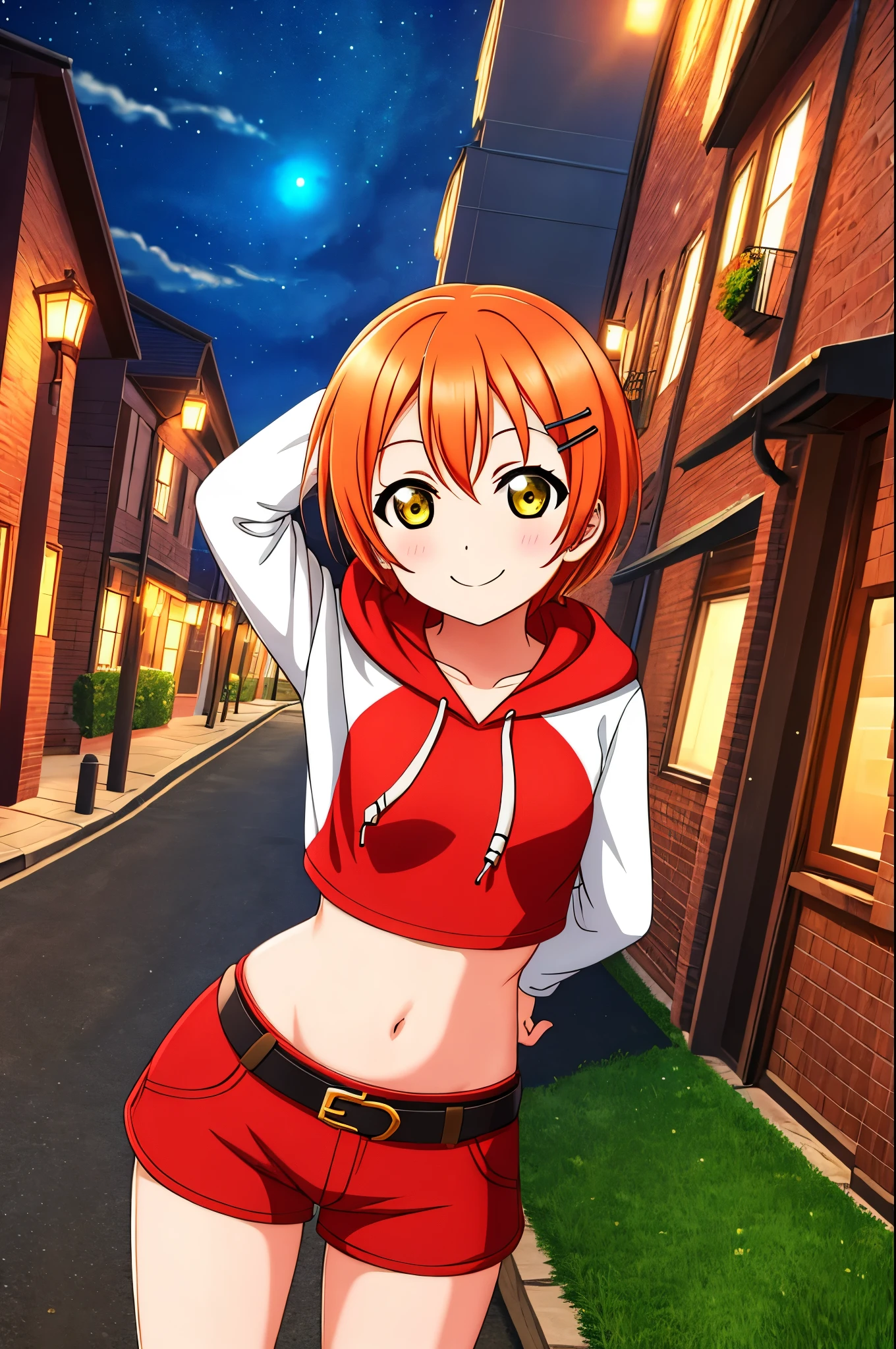 Masterpiece, best quality, cowboy shot, Hoshizora rin, orange hair, floating hair, yellow eyes,solo, looking_at_viewer, blush, short_hair, long_sleeves, collarbone, yellow_eyes, hair ornaments, village street, hood, bare_legs,red crop hoodie, midriff,navel ,standing, hood_down, arms behind back,thicc thighs,red shorts, normal belt, smile , night