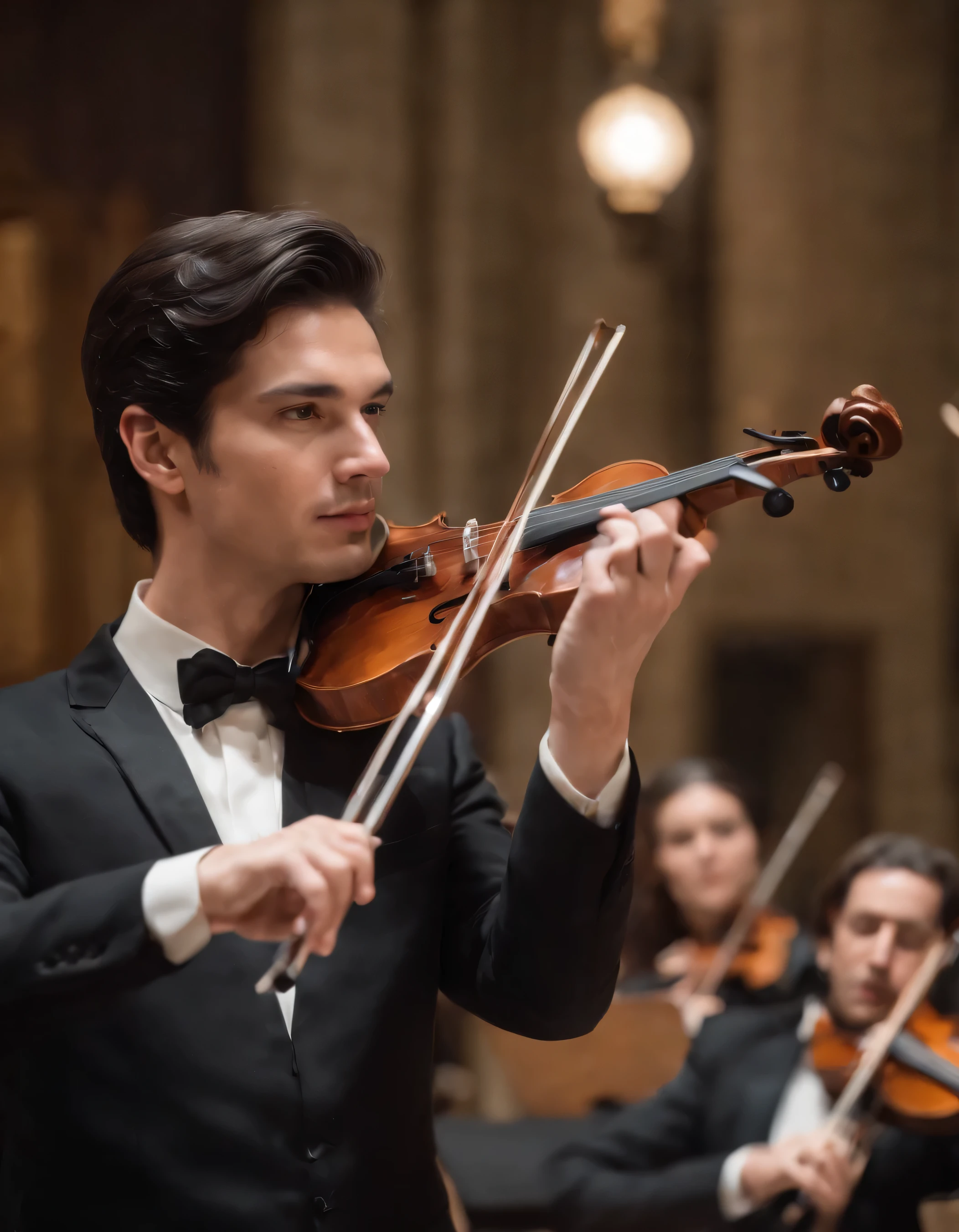 A realistic image of a male musician with black hair, Brown eyes and straight brown hair playing a classical violin solo with an orchestra around him. Shot from a low angle to capture the sense of nostalgia and beauty.