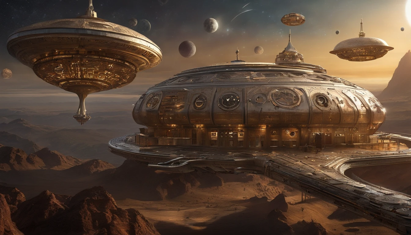 The space station is massively bigger than Babylon 5, but in the shape of Deep Space 9. The space station has 6 O'Neal Class space stations off in 5 different equilateral directions, & 1 down the middle. It's 10 times bigger than Saturn, and generates it's own power. There are hundreds of starships going to & fro, from the station, at any hour of the day. The station is in the center of the foreground. There are many stars, a nebula, and a comet, in the background. (((Use the following styles:conceptual art, protovision,3d render, architecture, portrait photography, cinematic, diamond, alienWalter Matt Jeffries, Issac Asimov, Stanley Kubrick, and Larry Niven))).