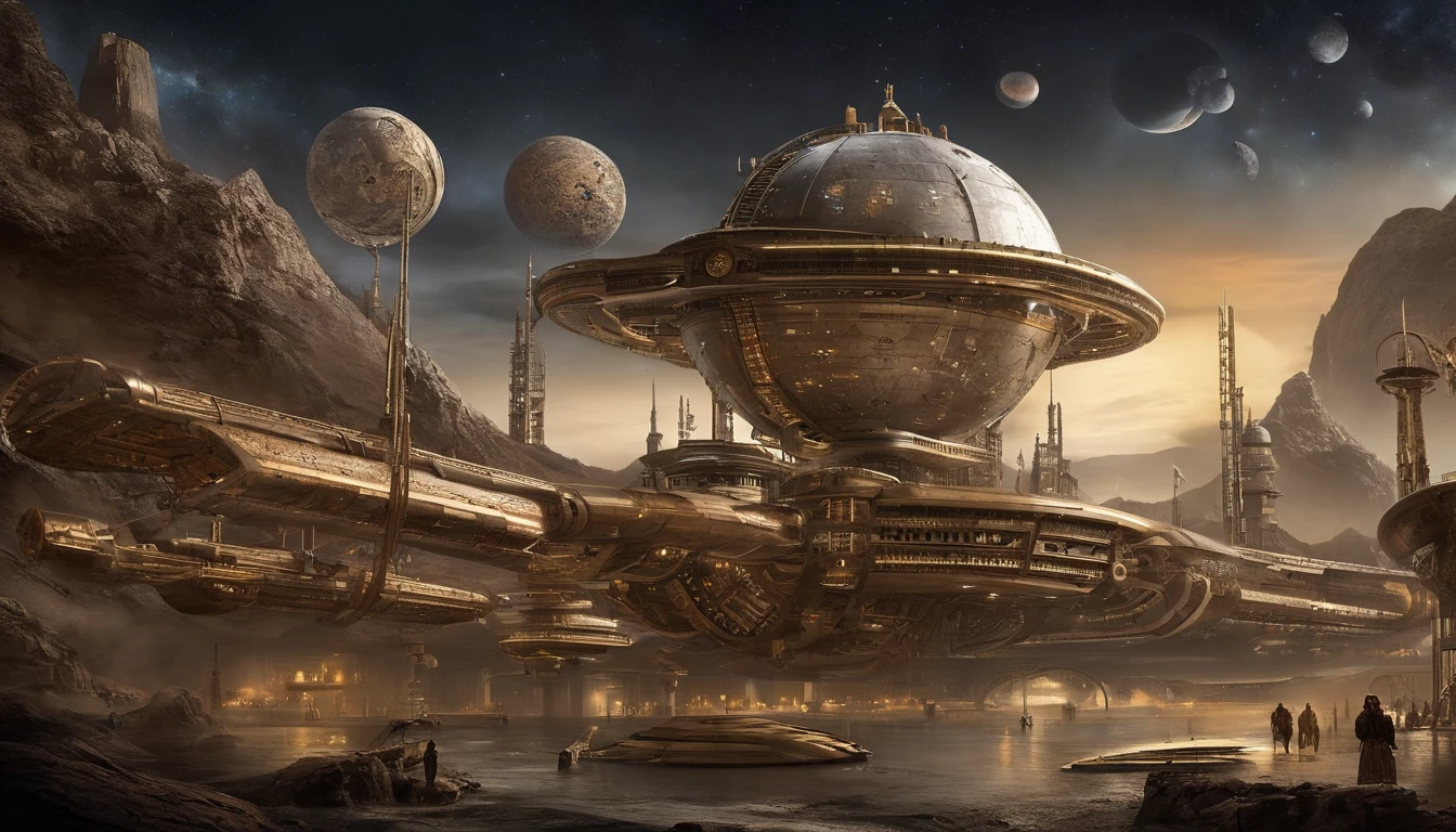 The space station is massively bigger than Babylon 5, but in the shape of Deep Space 9. The space station has 6 O'Neal Class space stations off in 5 different equilateral directions, & 1 down the middle. It's 10 times bigger than Saturn, and generates it's own power. There are hundreds of starships going to & fro, from the station, at any hour of the day. The station is in the center of the foreground. There are many stars, a nebula, and a comet, in the background. (((Use the following styles:conceptual art, protovision,3d render, architecture, portrait photography, cinematic, diamond, alienWalter Matt Jeffries, Issac Asimov, Stanley Kubrick, and Larry Niven))).