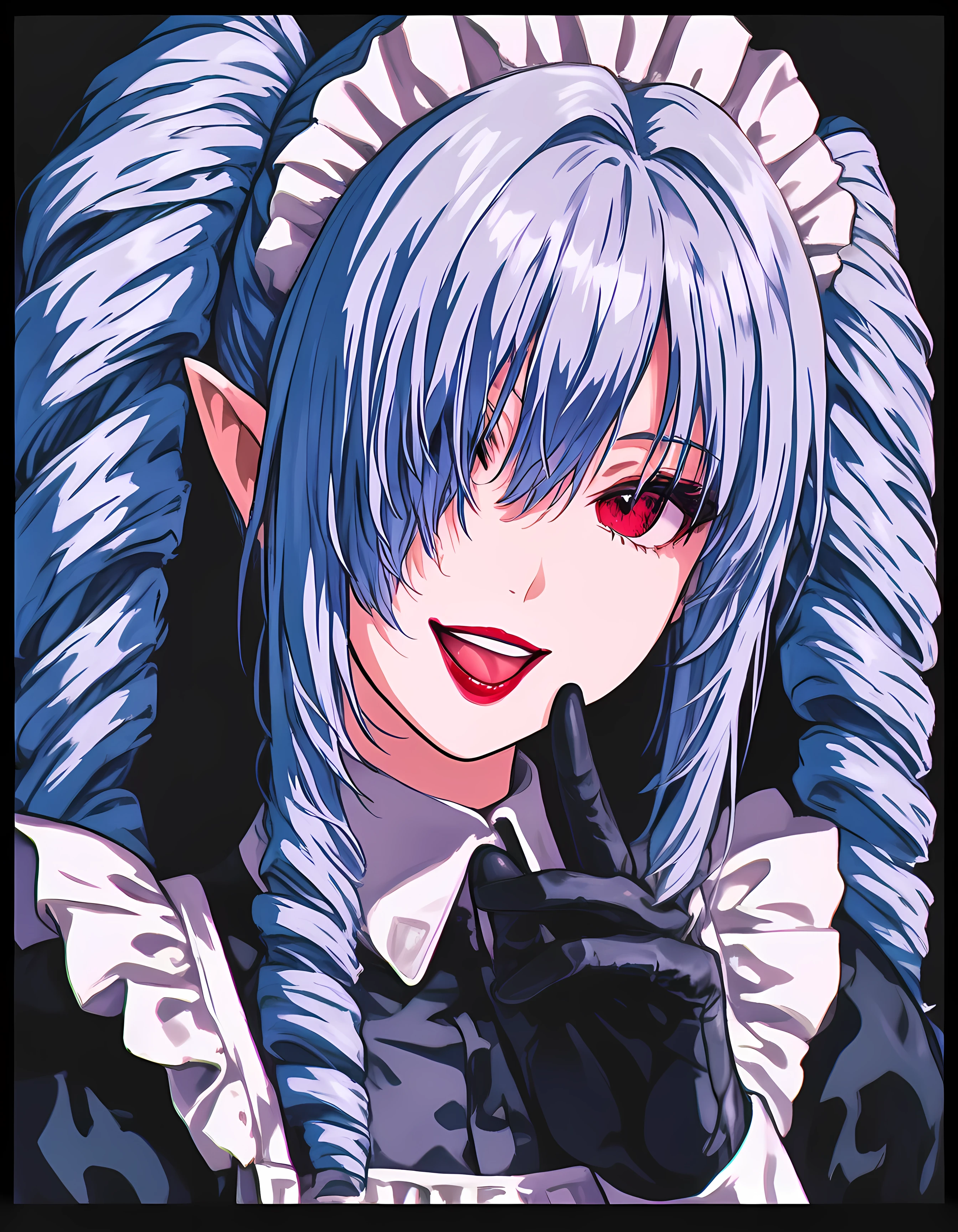 1girl, solo, long hair, looking at viewer, smile, open mouth, simple background, shirt, gloves, red eyes, hair between eyes, twintails, blue hair, grey hair, multicolored hair, frills, black gloves, tongue, pointy ears, hand up, hair over one eye, maid, maid headdress, makeup, border, drill hair, black background, portrait, lipstick, grey shirt, twin drills, close-up, red lips, black border, film grain