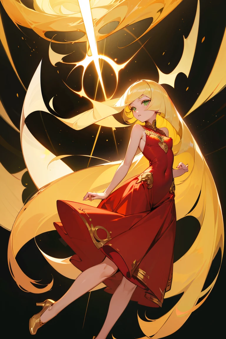 ((highest quality)), ((masterpiece)), (Familiar), Lusamine,nsfw,thin,Long Blonde Hair,Small breasts,Small breasts,Erect nipples,Adult female,Green Eyes,Slanted Eyes,Sleeveless dress,Gorgeous red dress,Gold embroidery,High heels,Fascinating,Long skirt