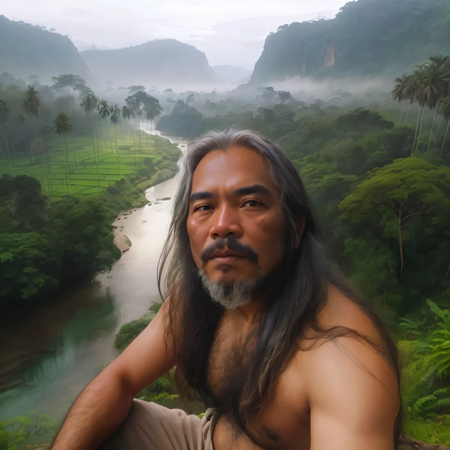arafed man with long hair and beard sitting on a rock overlooking a river, inspired by I Ketut Soki, in the background is lush jungle, matte painting portrait shot, in a river in the jungle, amidst nature, jungle in background, in front of a forest background, ramil sunga, in a jungle, sumatraism, in a jungle environment