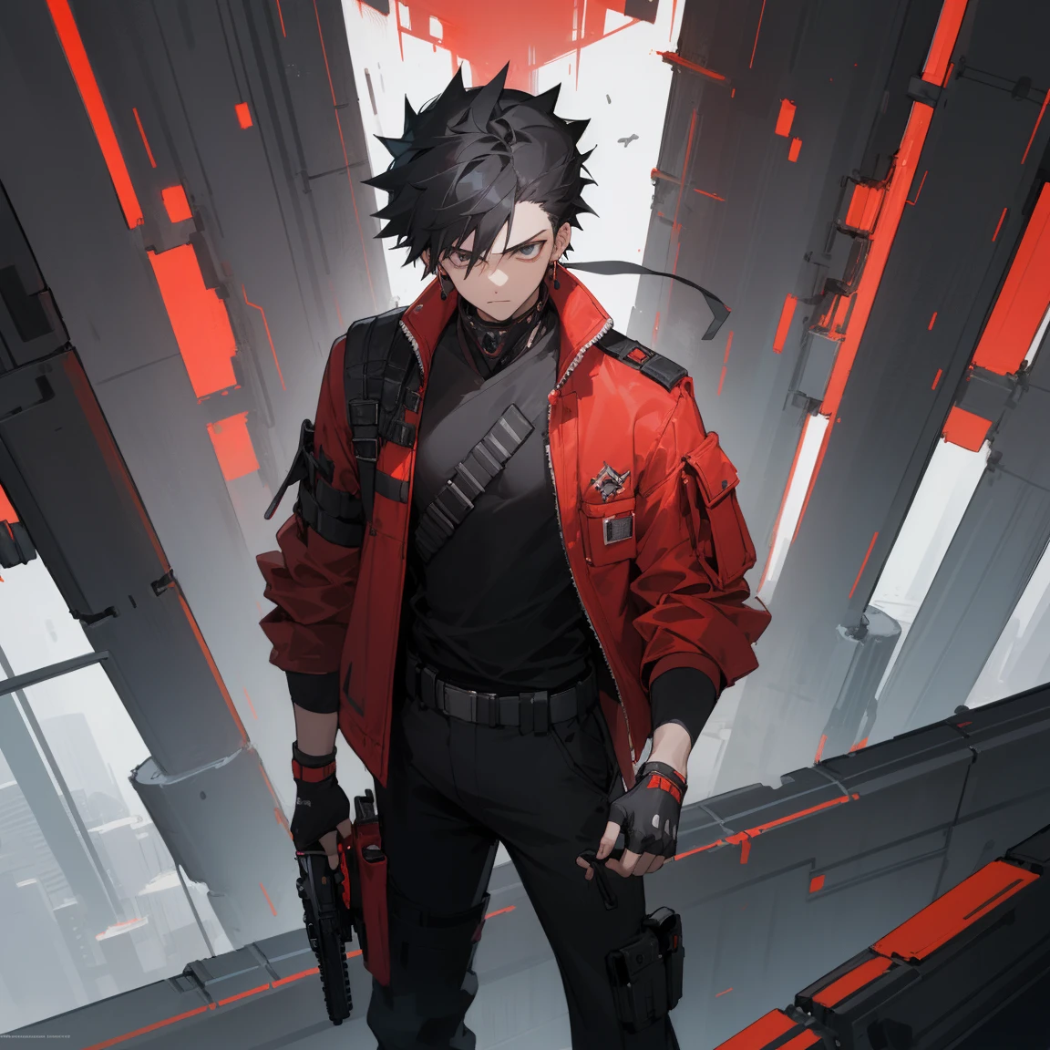 ((highest quality)), ((masterpiece)), (be familiar with), 1 male, alone, Black Hair,Spiky Hair,Black Cargo Pants,Red jacket,Black Shirt,Large,Fingerless Gloves, cyber punk,SF,Handgun
