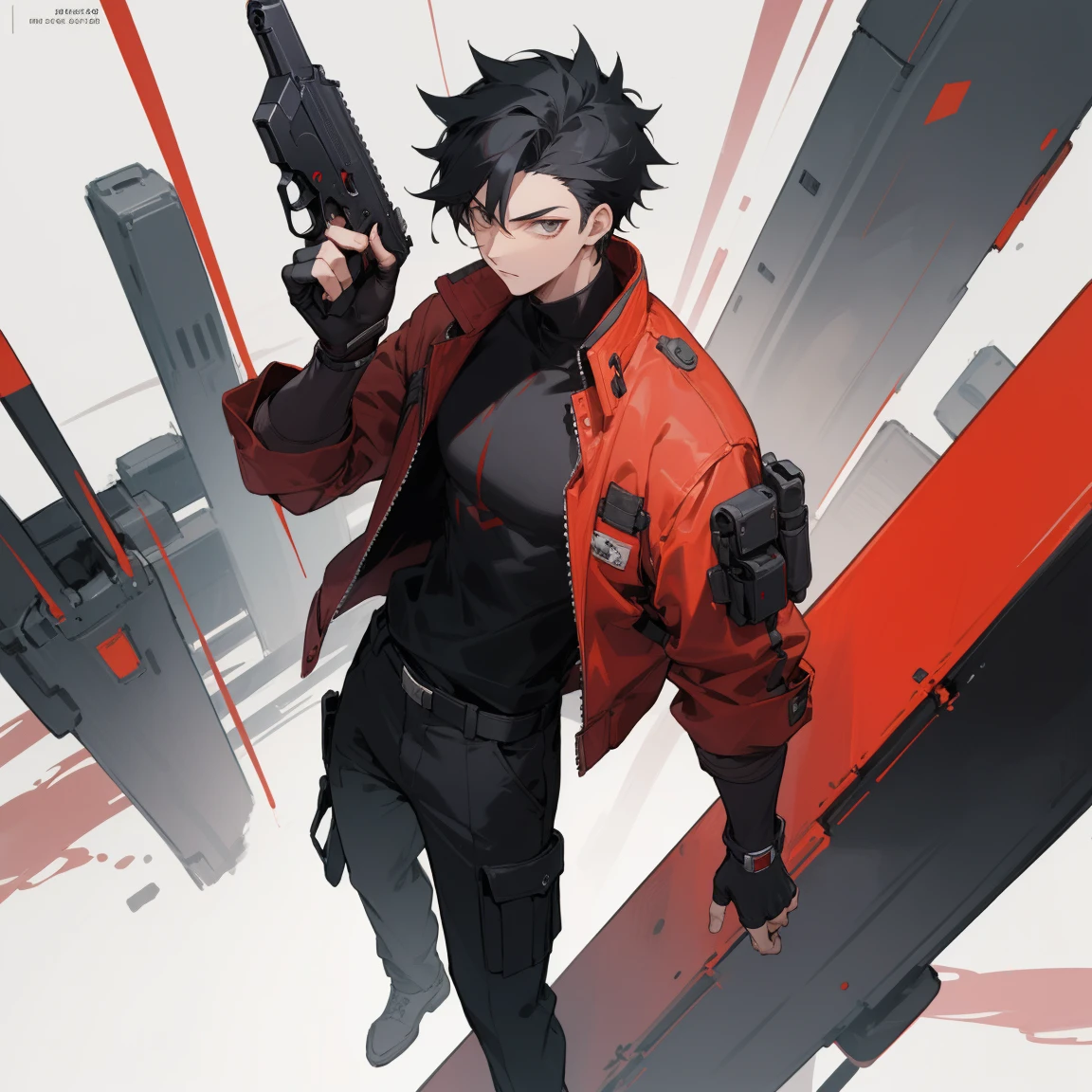 ((highest quality)), ((masterpiece)), (be familiar with), 1 male, alone, Black Hair,Spiky Hair,Black Cargo Pants,Red jacket,Black Shirt,Large,Fingerless Gloves, cyber punk,SF,Handgun