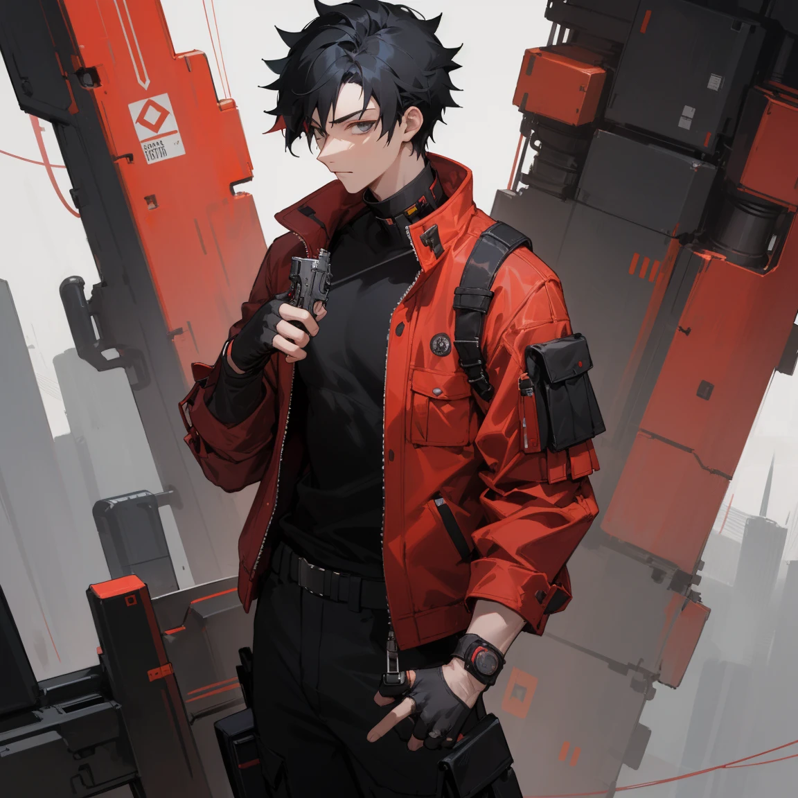 ((highest quality)), ((masterpiece)), (be familiar with), 1 male, alone, Black Hair,Spiky Hair,Black Cargo Pants,Red jacket,Black Shirt,Large,Fingerless Gloves, cyber punk,SF,Handgun