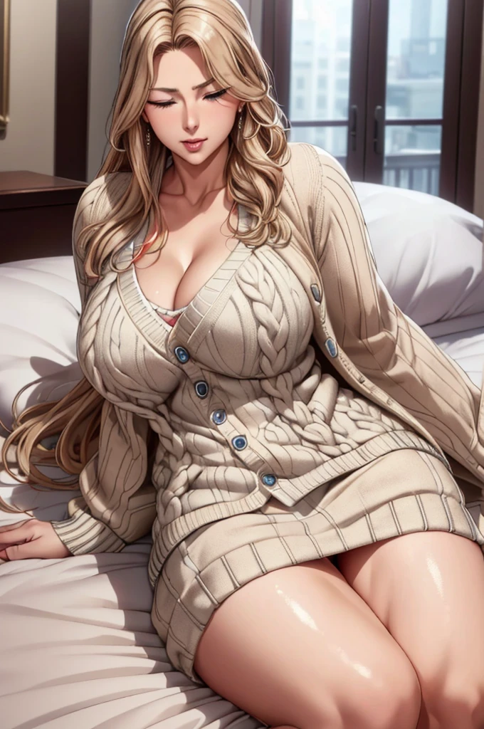 ((Vaginal, missionary, throw)), Big Breasts, (((Vaginal,Sex))),(((Cum in pussy))), (((sperm))), (((behind))), (((Royal Bed))), ((Lie down in bed))), (((Perfect Anatomy))), (masterpiece:1.2), (highest quality:1.2), (Very detailed:1.2), (((close your eyes))), (((Red nose))), (Open your mouth), (highest quality), 1 female,One Girl ,Akiko_Minase, Long Hair, Brunette Hair, blue eyes, Braiding, single Braiding, Hair intake, Hair that falls over the shoulders, (Mature Woman), skirt, (((Ribbed sweater))), (((Beige cardigan))), housewife,Sexy Woman, Bright colors ,,Natural light ,Hmph, Hair between the eyes , beautiful, (Detailed face:1.2), Showcase, (Perfect Eyes:1.1) ,(Realistic:1.1), 8K Ultra HD, View your audience,