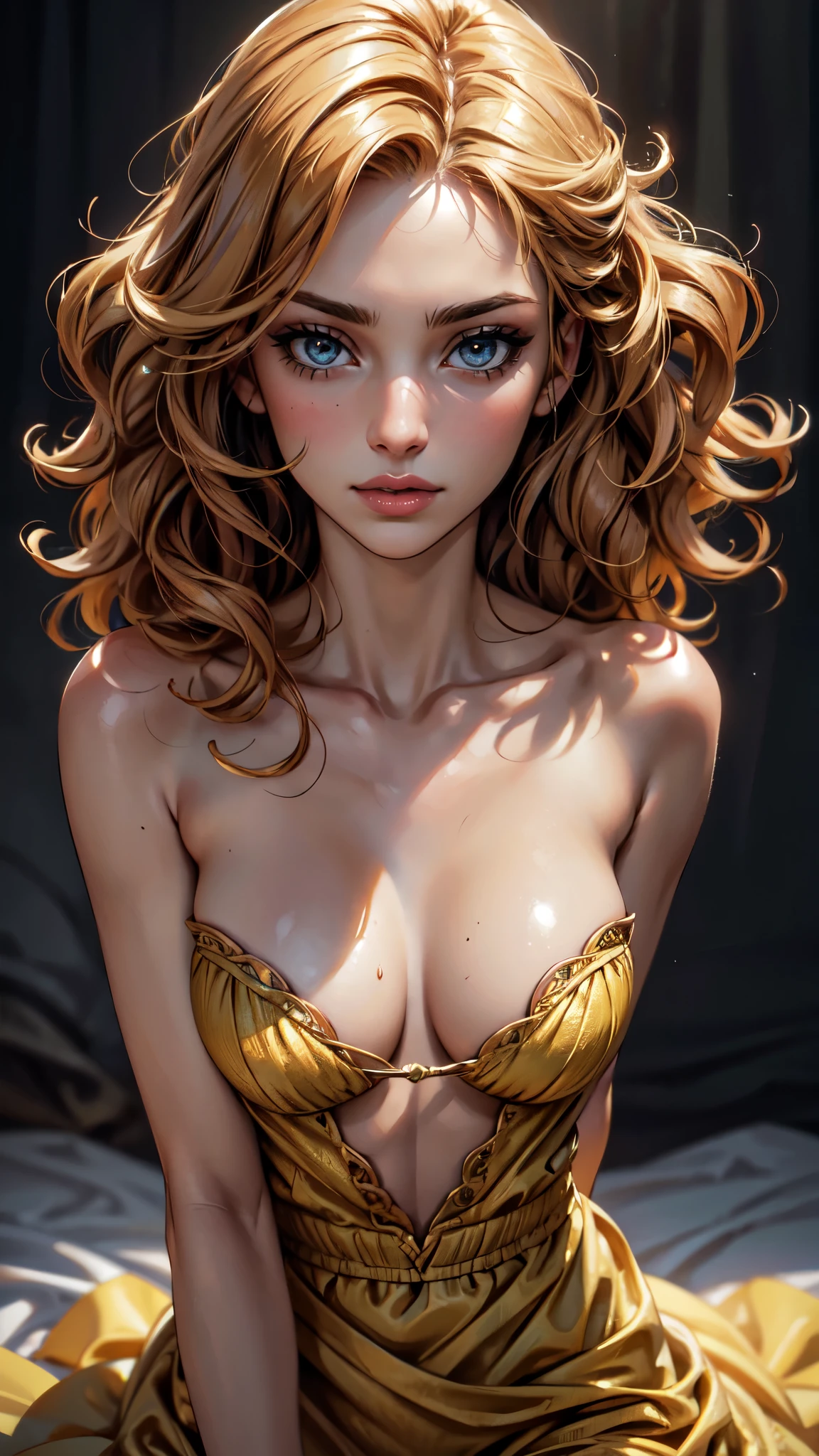 a woman with yellow dress, wild curly hair, blue eyes, thin and slender figure, detailed face, detailed eyes, detailed hands, detailed portrait, beautiful detailed eyes, beautiful detailed lips, extremely detailed face, longeyelashes, high quality, 4k, 8k, highres, masterpiece, ultra-detailed, realistic, photorealistic, vivid colors, studio lighting, physically-based rendering, sharp focus, professional, concept art