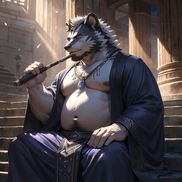 musclegut skunk man, black fur, white fur, indigo eyes, mid 30s, relaxed, lazy, nude, indigo loincloth, indigo robe, smoking pipe, indigo smoke, sitting on temple stairs, (best quality,4k,8k,highres,masterpiece:1.2),ultra-detailed,(realistic,photorealistic,photo-realistic:1.37),digital art, fantasy, hyperrealistic, intricate details, dramatic lighting