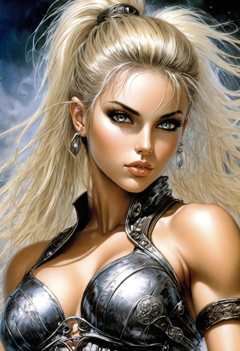 Create a hyper detailed photograph of a luis royo muscular youthful glamorous girl, Stunningly perfect gorgeous face, perfect makeup, detailed vibrant eyes, platinum blonde dutch hair, big beautiful muscular legs, big beautiful muscular arms, big bac muscles, muscular abs, detailed smooth skin, big breast, big muscular ass, small areolas, small perky detailed nipples, dark fantasy outfits,