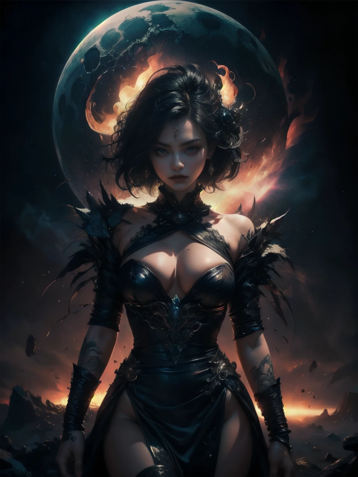 volcano background,molten material, colorful design , Aurora, mythical, fatal seduction, erotic pose, pore black hair, , big eyes, body covered with tattoo, red lips, erotic, dark light,, black dress,glowing light