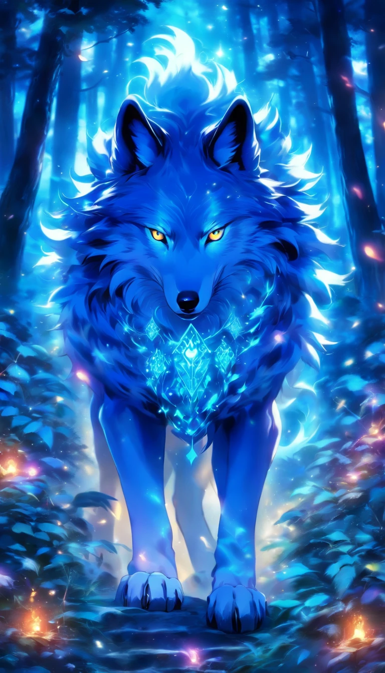 L'spirit of the most beautiful and enchanted wolf, fourrure blanche, yeux bleu vif, in the plus beautiful forest enchanted, very detailed, Chef-d'perfect work, High quality, high resolution, un loup blanc