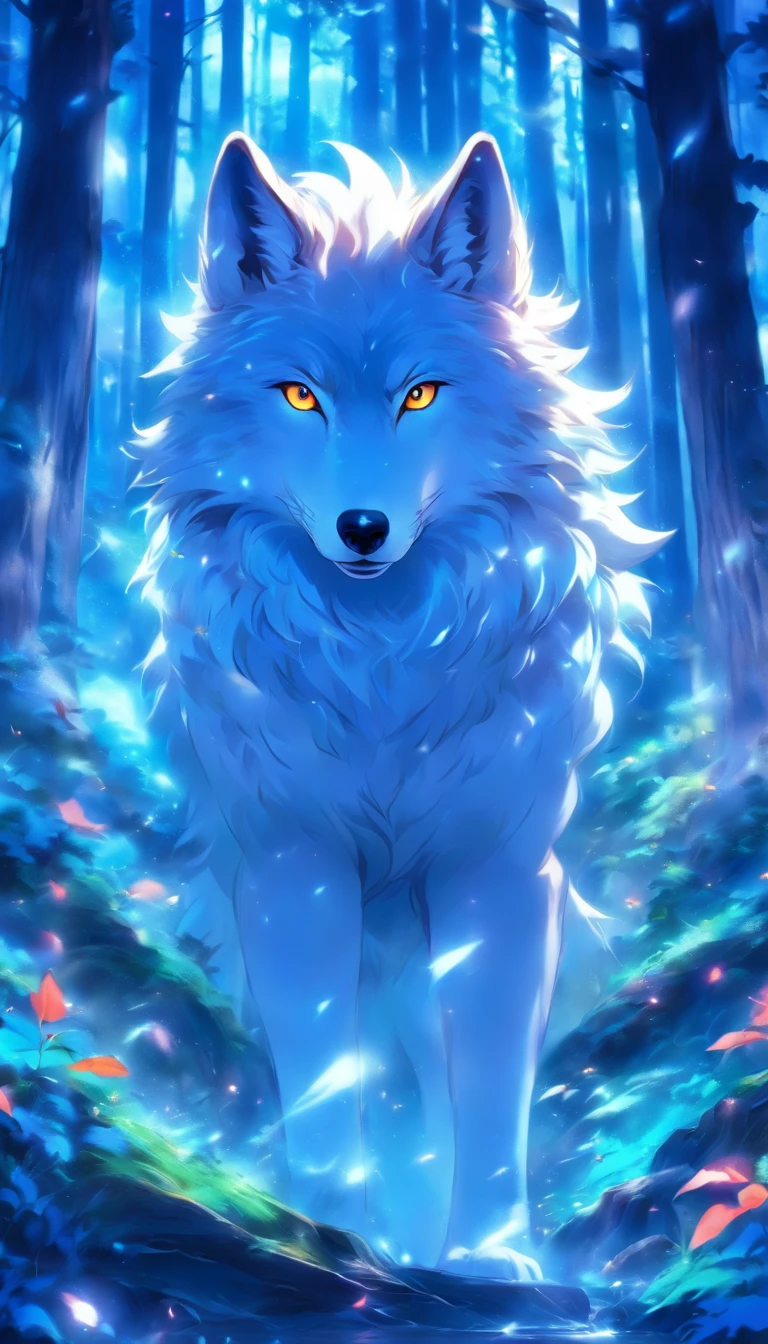L'spirit of the most beautiful and enchanted wolf, fourrure blanche, yeux bleu vif, in the plus beautiful forest enchanted, very detailed, Chef-d'perfect work, High quality, high resolution, un loup blanc