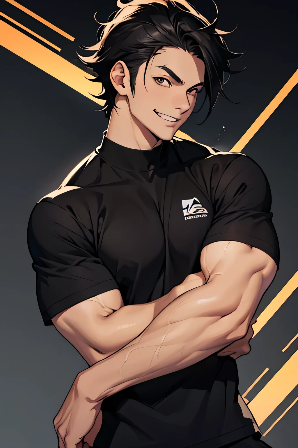 man, white skin, smile, strong, black hair, anime style, style, dark brown eyes, slim, athletic, black shirt, laboratory background