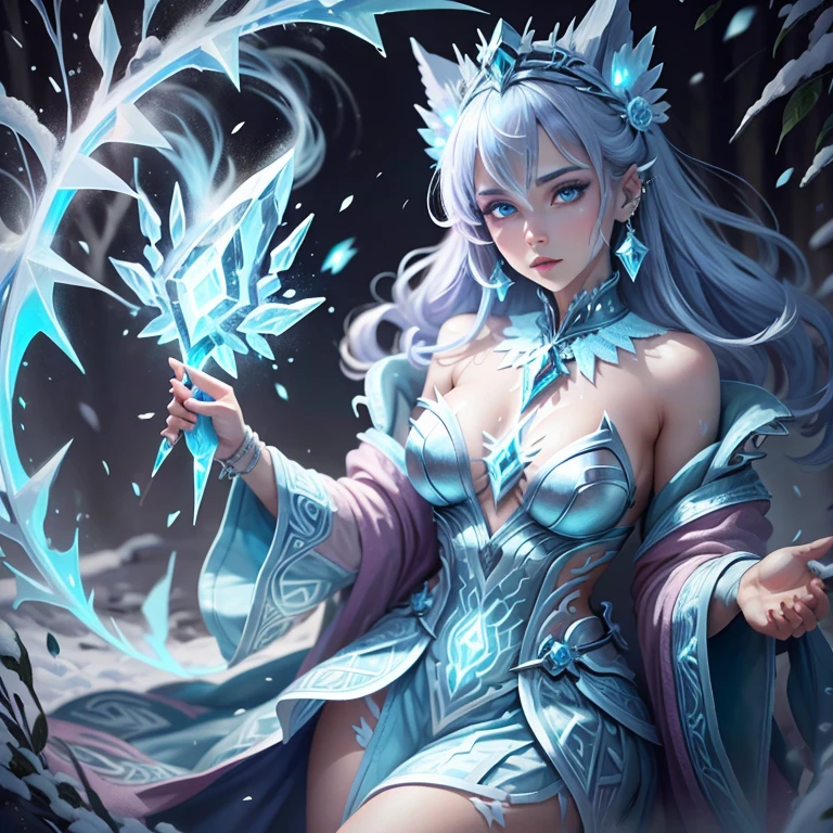 (better quality,ultra-detailed,Realistic:1.37)、1girl, she is using magic spell,IceMagicAI,she is using ice magic ;she is wearing very sexy outfit,small skirt,we see her lingerie colored, porte jarretelle,milf 30 years、(piercing eyes:1.5)、look agressif、elegant outfit、ice  magicarcs dancing around、hold a large magic scepter enchanted with frost magic,outside, scene of launching an spell with a magic circle,  corps entier,