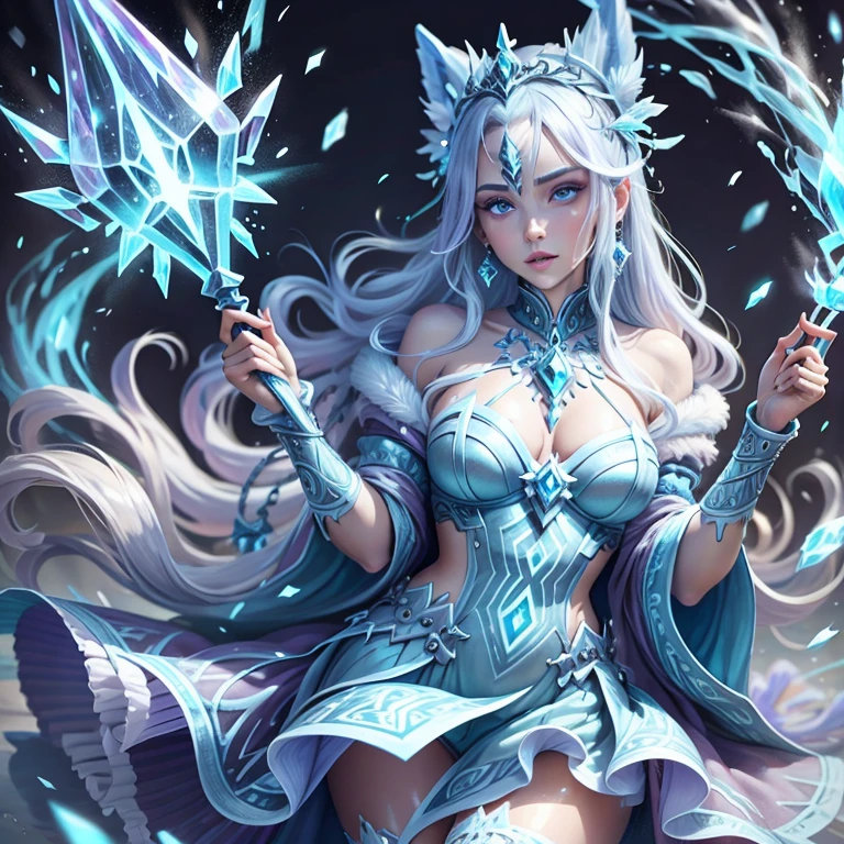 (better quality,ultra-detailed,Realistic:1.37)、1girl, she is using magic spell,IceMagicAI,she is using ice magic ;she is wearing very sexy outfit,small skirt,we see her lingerie colored, porte jarretelle,milf 30 years、(piercing eyes:1.5)、look agressif、elegant outfit、ice magicarcs dancing around、hold a large magic scepter enchanted with frost magic,outside, scene of launching an spell with a magic circle, corps entier,