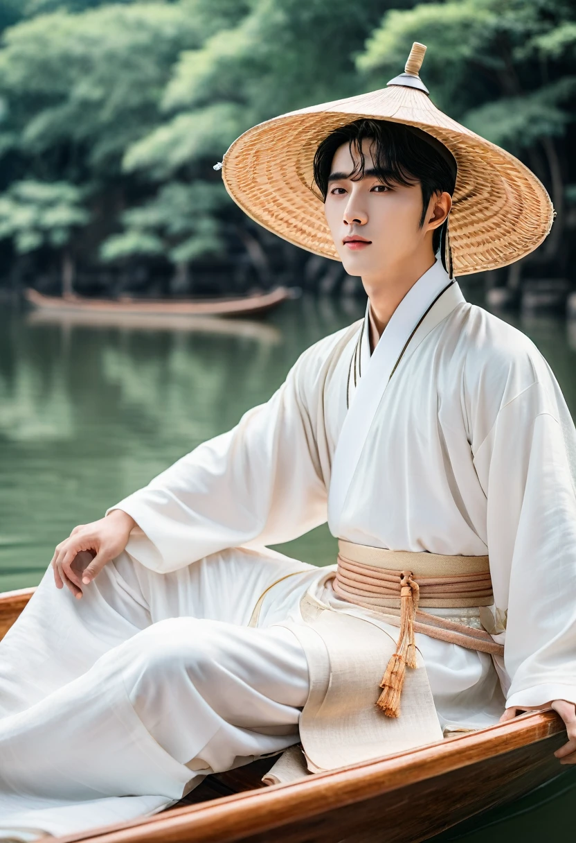 arafed man in a straw hat sitting on a boat, cai xukun, hanfu, chinese style, white hanfu, inspired by Bian Shoumin, inspired by Liu Jun, with acient chinese clothes, inspired by Huang Gongwang, inspired by Gu An, inspired by Chen Daofu, inspired by Xiao Yuncong, inspired by Wu Bin