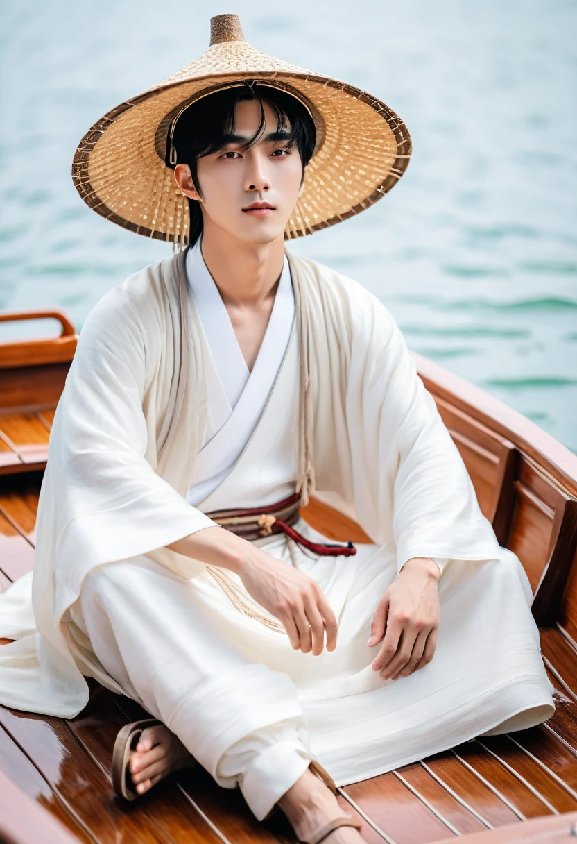 arafed man in a straw hat sitting on a boat, cai xukun, hanfu, chinese style, white hanfu, inspired by Bian Shoumin, inspired by Liu Jun, with acient chinese clothes, inspired by Huang Gongwang, inspired by Gu An, inspired by Chen Daofu, inspired by Xiao Yuncong, inspired by Wu Bin