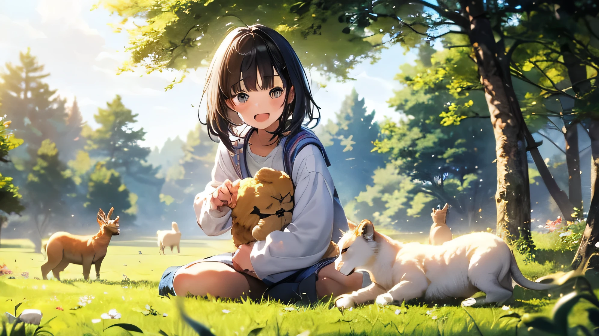 「Sun shining daytime、A cartoon-style image of a girl playing with lions, sheep, deer and horses in the prairie.。The girl has short or medium-length black hair, is wearing a white cardigan and denim shorts, and is playing with animals.。Feel the majesty of nature with a smile。A young girl is in the center」 And the enchanting beauty of the prairie depicted in a beautiful anime art style.。」