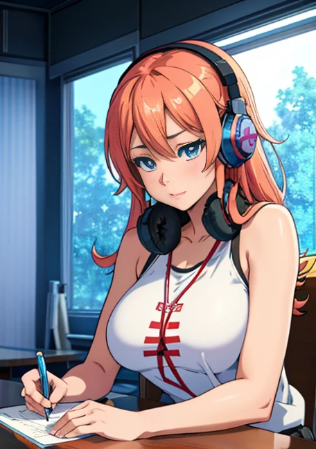 anime girl sitting at a desk with headphones on writing, anime style 4 k, digital anime illustration, digital anime art, anime style. 8k, anime moe artstyle, anime art wallpaper 4 k, anime art wallpaper 4k, anime style illustration, smooth anime cg art, detailed digital anime art, anime art wallpaper 8 k, realistic anime 3 d style