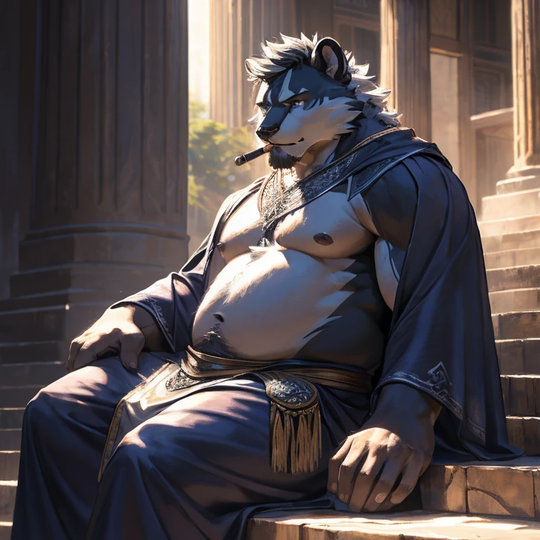 musclegut skunk man, black fur, white fur, indigo eyes, indigo nipples, mid 30s, relaxed, lazy, nude, indigo loincloth, indigo robe, smoking pipe, indigo smoke, sitting on temple stairs, (best quality,4k,8k,highres,masterpiece:1.2),ultra-detailed,(realistic,photorealistic,photo-realistic:1.37),digital art, fantasy, hyperrealistic, intricate details, dramatic lighting