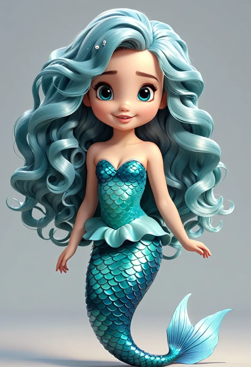 A cute and beautiful little mermaid girl with long light blue wavy curly hair and a fish tail. Cute 3D cartoon style, accurate anatomy, extremely delicate texture, clear and detailed animation, high quality cartoon characters, high quality realistic