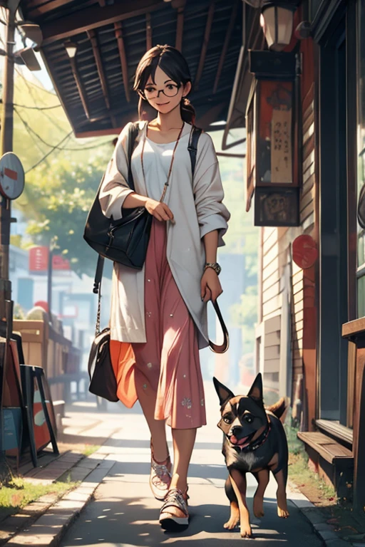 highest quality、masterpiece、High sensitivity、High resolution、One Woman、Glasses、Pet Dog、stroll、