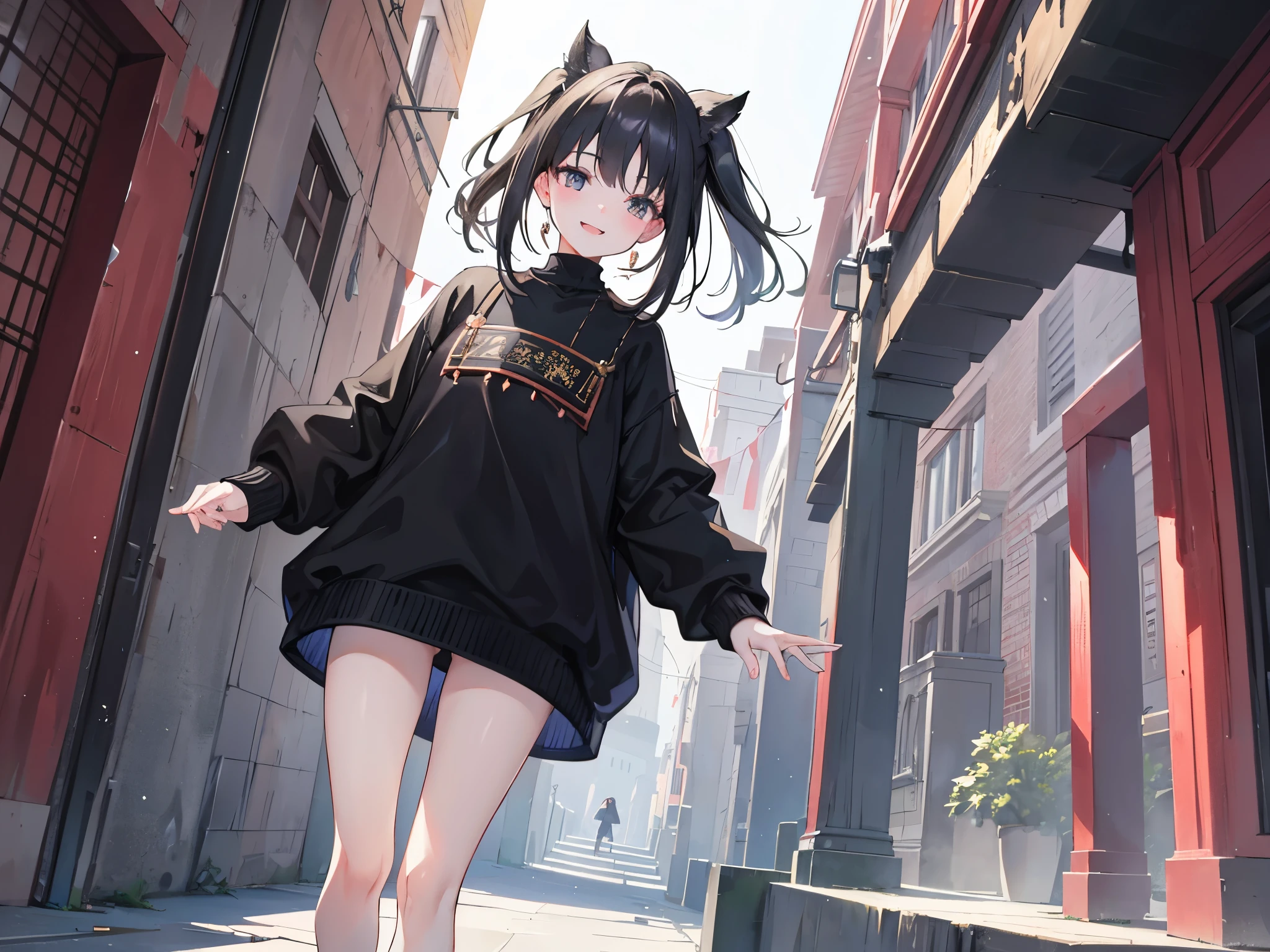 4K photo of an 18 year old girl with dark black hair, a black sash, wearing a girl's sweater outfit.  Walking in the shrine with joy and smiles