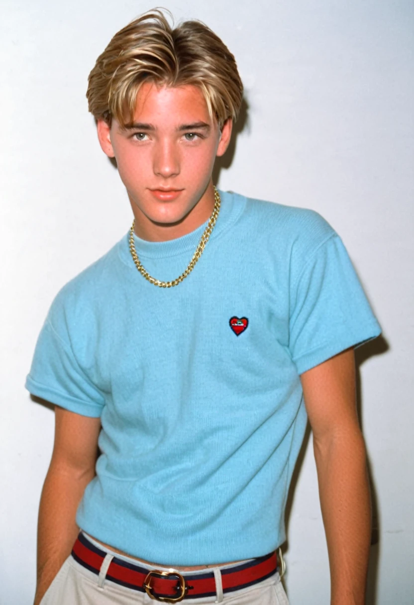 90s heartthrob, male, 1990s, 90s, preppy clothes, short floppy hair