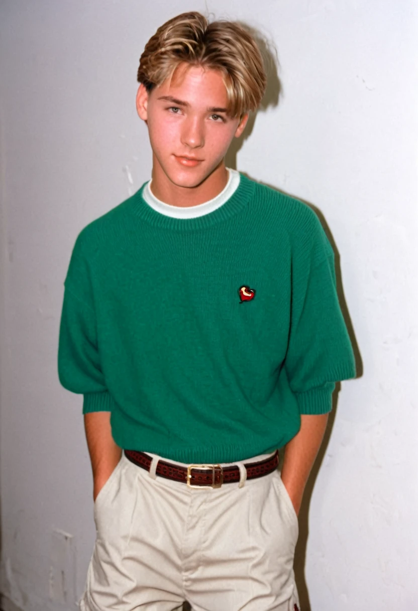 90s teen heartthrob, male, 1990s, 90s, preppy clothes, short floppy hair