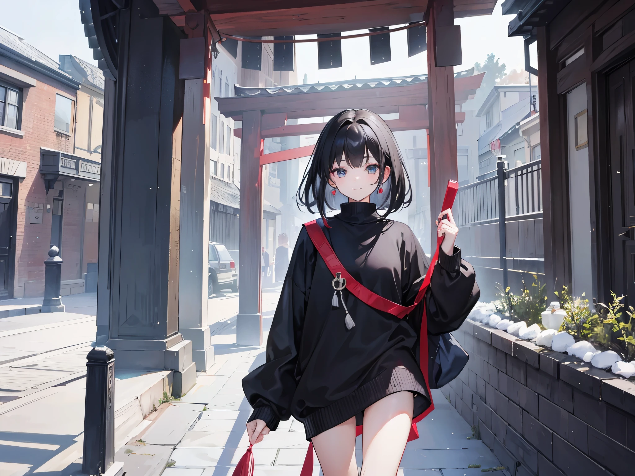 4K photo of an 18 year old girl with dark black hair, a black sash, wearing a girl's sweater outfit. Walking in the shrine with joy and smiles