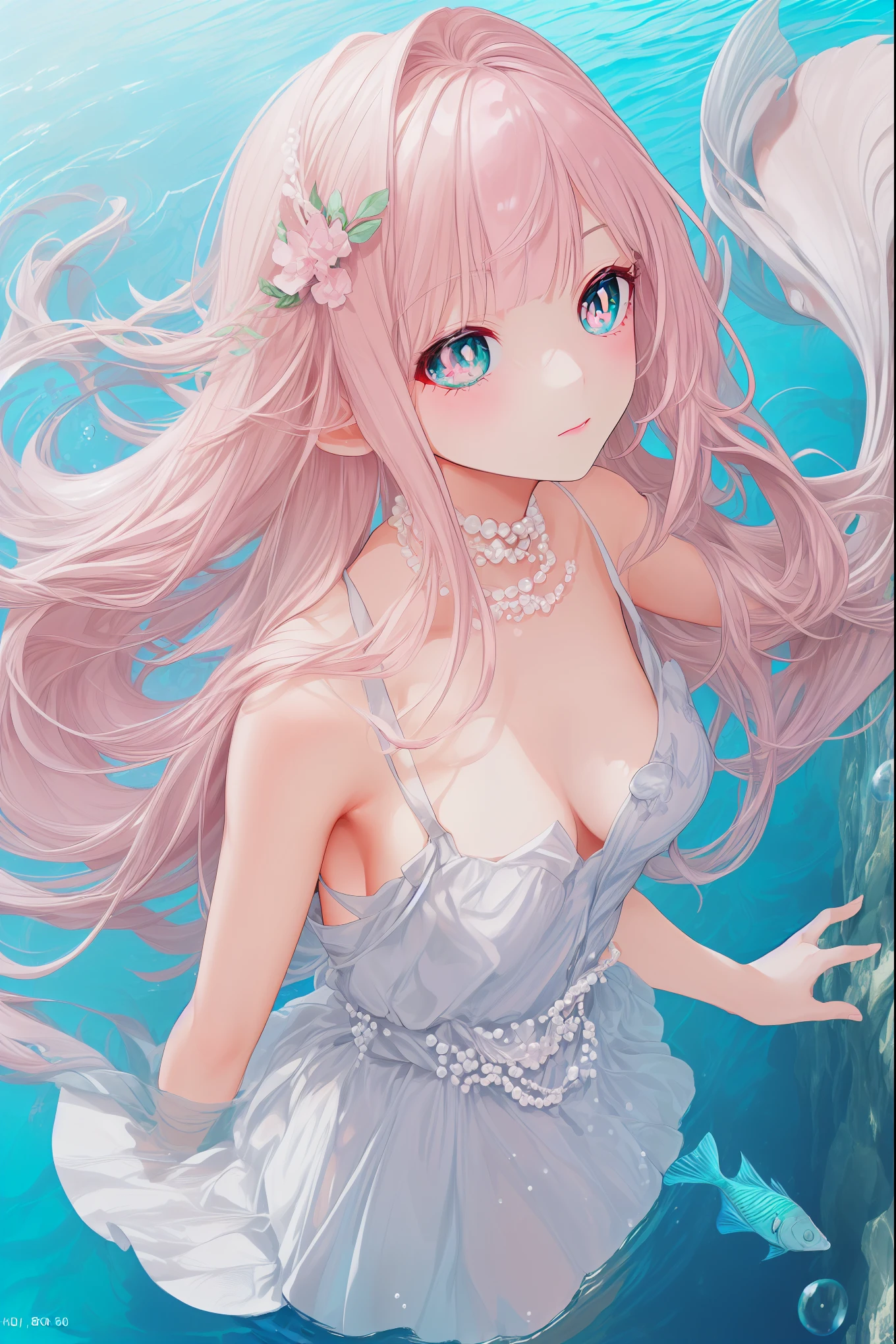 (((pearl pink hair,emerald pupils))),((beautiful and detailed)),(blushing), (geometric:1.1),(((under the water,in the ocean,bubbles,fish))), ((1girl,amazing,adorable girl,solo,arms down)),(Masterpiece,Best quality, offcial art,fractal art, Beautiful and aesthetic:1.2),(4k,HD,HRS),((small breasts)),(Physically-based rendering),Sharp focus, (((highdetailskin,The details are complex、Shallow depth of field、movie lighting、Reflectors、a Canon EOS R5、50mm lens、f / 2.8、shot at 8k resolution))),simple cloths,correct pupils,((((shiny hair|detailed hair|half bangs|long hair)))),(masterpiece sidelighting),(The sheen),(beautiful hair,beautiful background,bokeh:55mm)),((extremely_Detailed_Eyes_and_face)),Movie girl,(Dynamic posture: 1.2),Brilliant