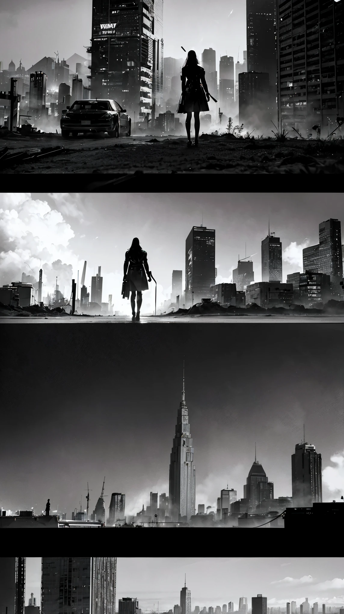 best quality,4k,8k,highres,masterpiece:1.2,ultra-detailed,realistic:1.37,post-apocalyptic manga city scenery,cyberpunk art style,dystopian future,desolate ruins,grim atmosphere,dilapidated buildings,overgrown vegetation,crumbling infrastructure,dark and moody lighting,abandoned vehicles, streets,ominous skies,neon lights,glowing holograms,fallen billboards,destroyed landmarks,mysterious figures in the shadows,hauntingly beautiful,unforgettable imagery,emotional impact,detailed backgrounds,action-packed scenes,majestic cityscape,impressive architectural design,expressive characters,imposing mecha,explosions and smoke,futuristic technology,visually stunning,rich color palette,vivid hues,contrasting shades,sharp contrasts,emphasis on depth and perspective,cinematic composition,intricate line work,meticulous attention to detail,eye-catching visuals,immersive visualization,a captivating story unfolding through images.