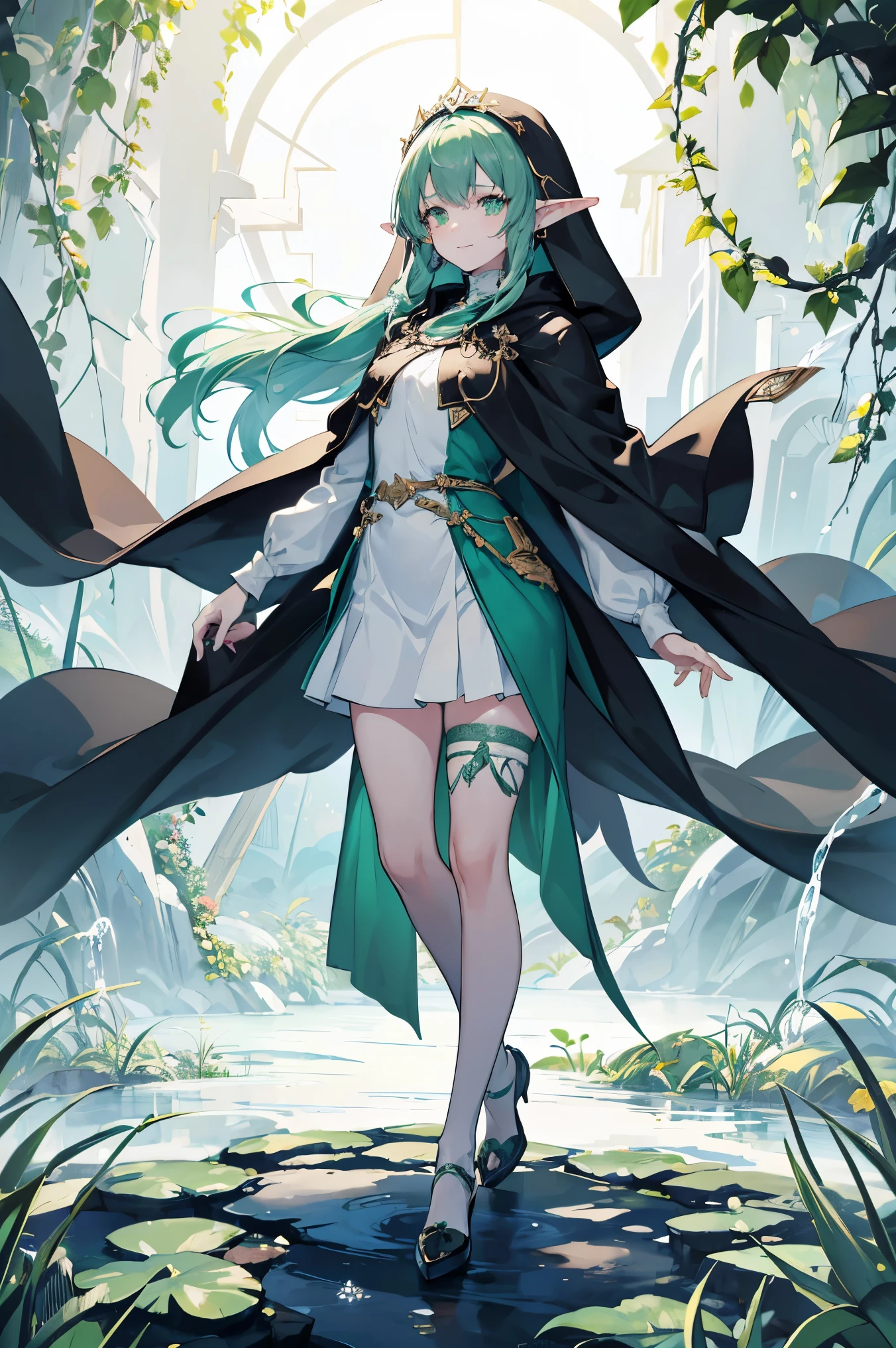 (tmasterview: 1.4, best quality)+, (super detail)+, [super detail eyes]+, (pointed ears: 1.5)
(A lovely girl), 17 years younger, (dark green pupils: 1.15), long braids, thick hair (wariza: 1.2), pale skin, charming smile, huge leaves, hollow eyes, green lips
(She is wearing a conservative yellow hunter suit, green pattern, 1.5), (cloak: 1.4) with long sleeves, crystal headwear, ocean of vines and flowers, dreamy bubbles, black nails, full body picture, elf girl, limbs wrapped in bandages
(Complex glowing bow: 1.1)
(Dawn: 1.2)
(bold black and white: 1.16), (depth of field: 1.4), complex details