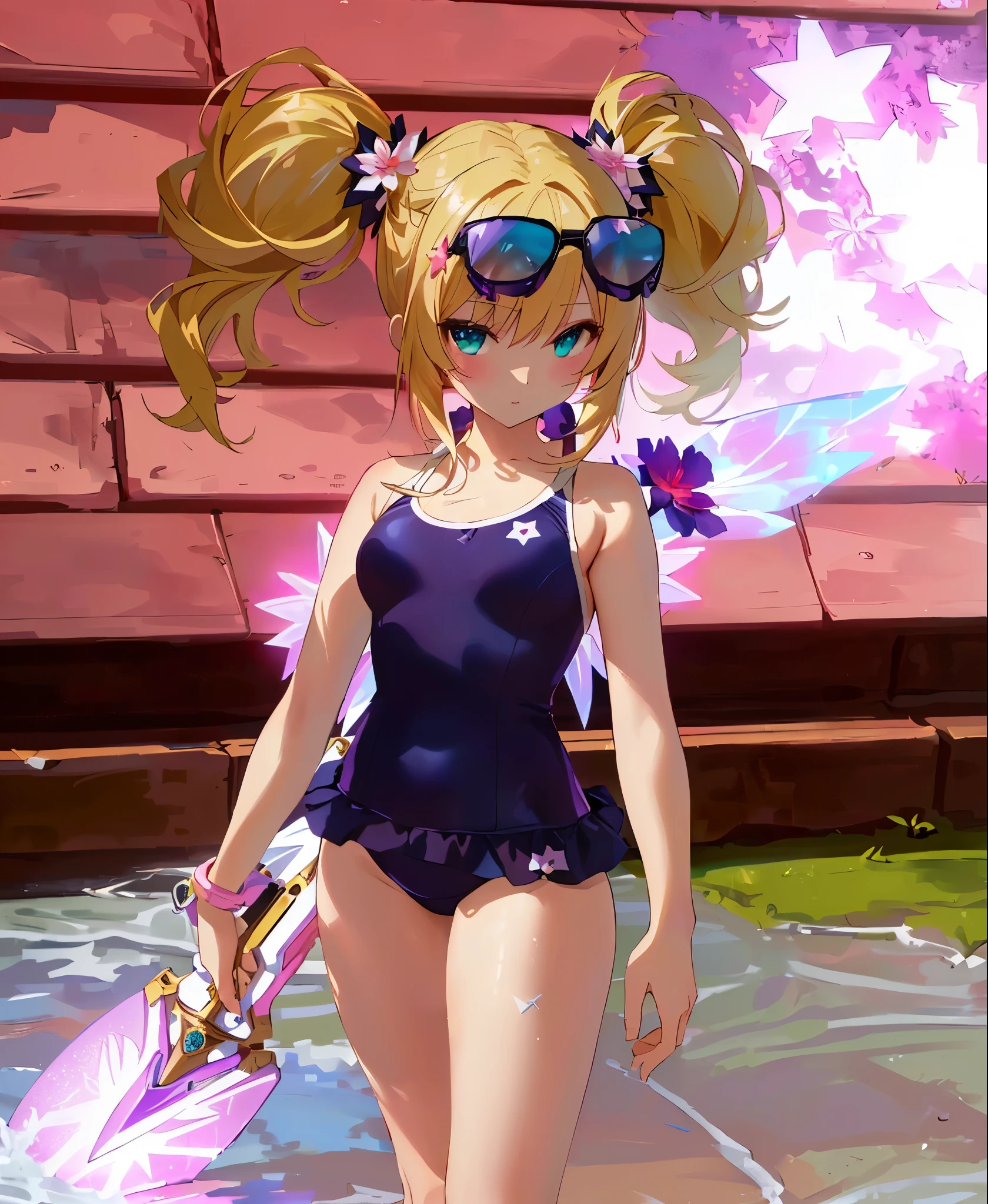 masterpiece:1.2, best quality, detailed and beautiful, a close up of a person in a swimsuit with a sword, ethereal flowerpunk, maple story gun girl, ingame image, glamorous angewoman digimon, tanny skin, pink twintail hair and cyan eyes, is wearing a swimsuit, succubus in tight short dress, swimsuit, sparky swimsuit, blond hair with pigtails, anime style”, bathing suit