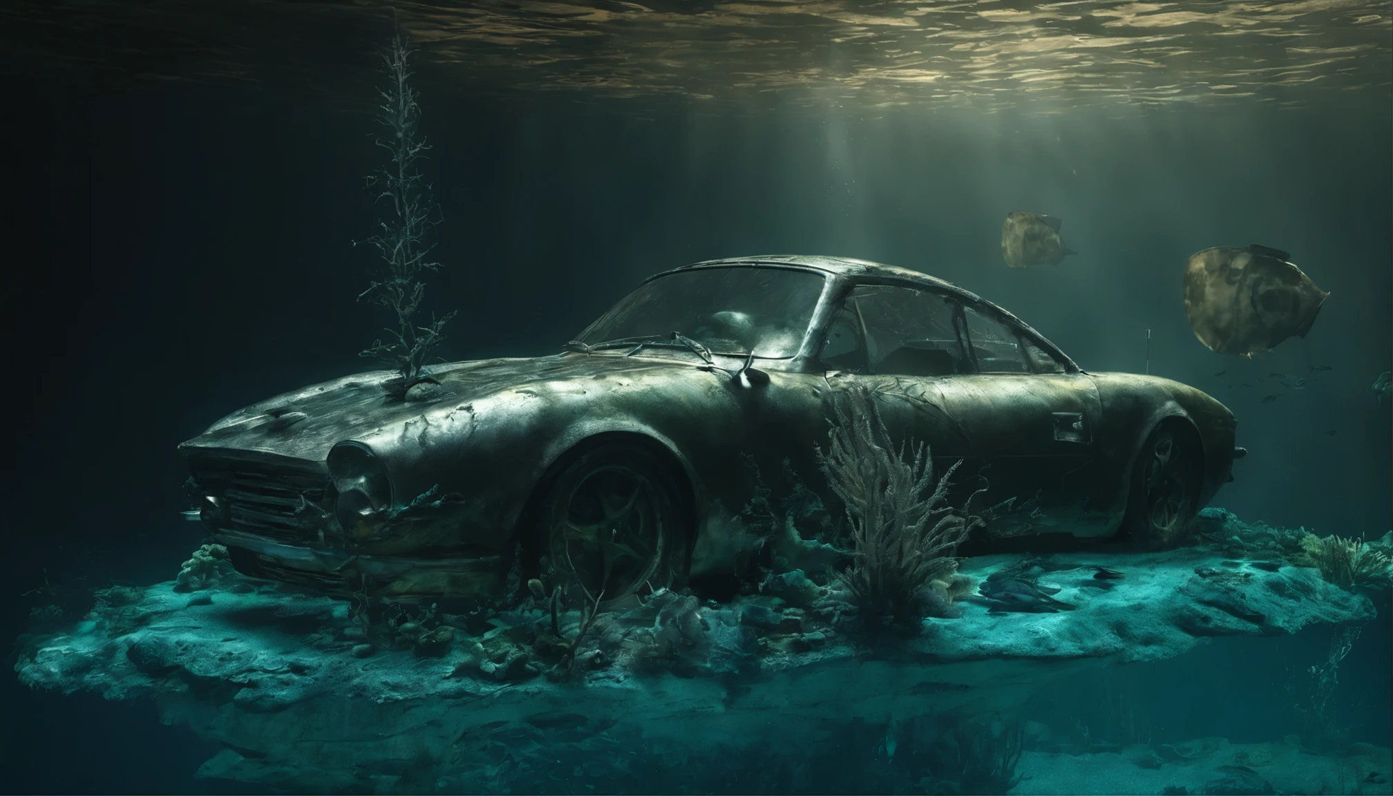 There&#39;s a sports car at the bottom of the ocean, surrounded by marine life. Light breaks through the water, creating mystical lighting. The car is partially covered with seaweed and coral, which emphasizes his prolonged stay under water. A variety of fish and other marine life swim around.

Details for creating a picture:

Main object:

sports car (Sports car).
Clean lines and modern car design, but with elements of corrosion and fouling by algae and corals.
ambient:

Ocean floor, covered with sand and stones.
Marine flora: algae, armed, sea grass.
Marine fauna: various types of fish, Maybe, small sharks, Jellyfish.
Lighting & Atmosphere:

Scattered light, penetrating through the water from above, creating soft light rays.
Shadows & Depth, giving the image realism.
Bluish and greenish shades, characteristic of the underwater environment.
Additional elements (Optional):

Shipwrecks or old chests in the distance to add ambience.
little air bubbles, rising from the car.
Style and mood:

Realistic style with high detail.
Mystical and slightly mysterious atmosphere.
Combination of modern and natural.
Technical specifications:

a high resolution.
Realistic stylization.
Detailed elements of the car and the underwater world.
Effective use of light and shadow to create depth and realism.