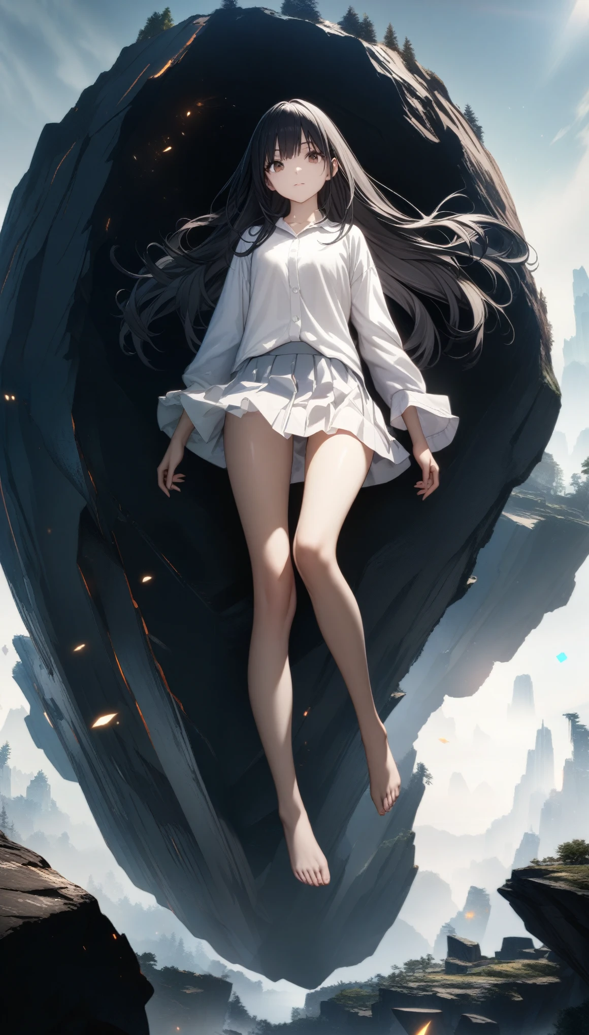 32k, best quality, ultra high res, HDR, UHD, extremely detailed CG, unity 32k wallpaper, Visible through the white shirt (((masterpiece, highest quality)), No pants, 1 girl, alone, White Background, Black Hair, Long Hair, Absolute area, skirt, ((whole body)),  